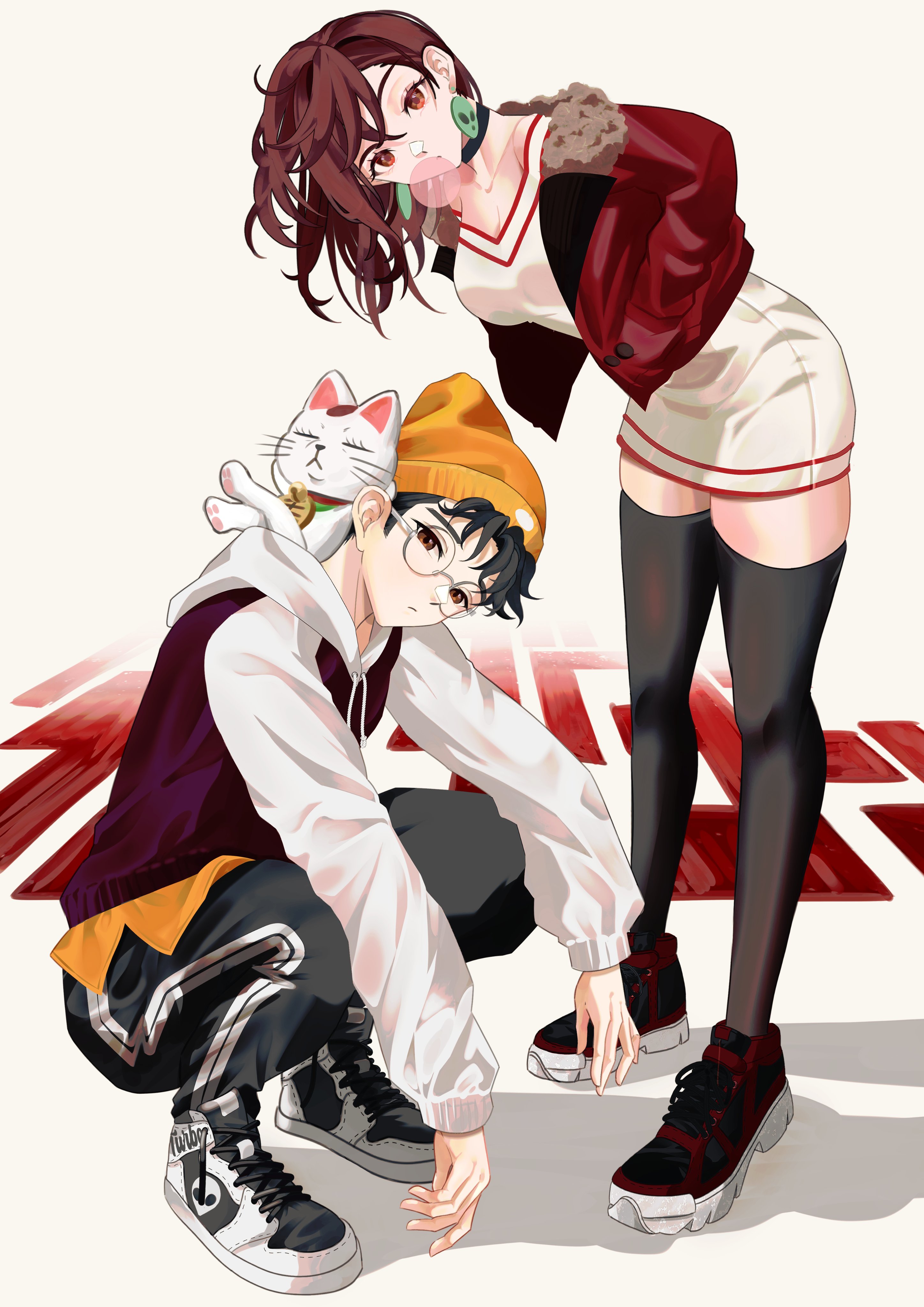 meisaki, ayase momo, takakura ken (dandadan), turbo granny (dandadan), dandadan, absurdres, commentary, english commentary, highres, revision, 1boy, 1girl, beanie, black hair, black pants, black thighhighs, breasts, brown eyes, brown hair, cat, chewing gum, dress, earrings, full body, fur-trimmed jacket, fur trim, glasses, gyaru, hand in pocket, hat, hood, hood down, hoodie, jacket, jewelry, leaning forward, long sleeves, looking at viewer, maneki-neko, medium breasts, official alternate costume, open clothes, open jacket, pants, red eyes, round eyewear, shoes, short dress, short hair, sneakers, squatting, standing, thighhighs, untied shoelaces, white dress, yellow hat, zettai ryouiki