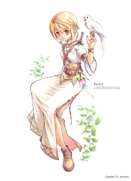 tiv, isolestie (children of the rune), nexon, softmax, tales weaver, archived source, commentary, commentary request, english commentary, korean commentary, official art, photoshop (medium), 1girl, 4leaf, anklet, armband, artist name, belt, bird, blonde hair, blue feathers, braid, breasts, brown belt, brown shoes, character name, closed mouth, collared shirt, company name, copyright notice, cross-laced clothes, cross-laced shoes, cross-laced skirt, cross-laced wristband, dated commentary, dove, english text, expressionless, feathers, full body, hair between eyes, invisible chair, jewelry, juliet sleeves, leaf, long skirt, long sleeves, looking at viewer, medium breasts, necklace, o-ring, o-ring belt, pelvic curtain, puffy sleeves, purple feathers, red eyes, sheath, sheathed, shirt, shoes, simple background, single braid, single hair streak, sitting, skirt, solo focus, sword, weapon, white background, white bird, white fur, white hair, white shirt, white skirt, white sleeves, white wings, wide sleeves, wings