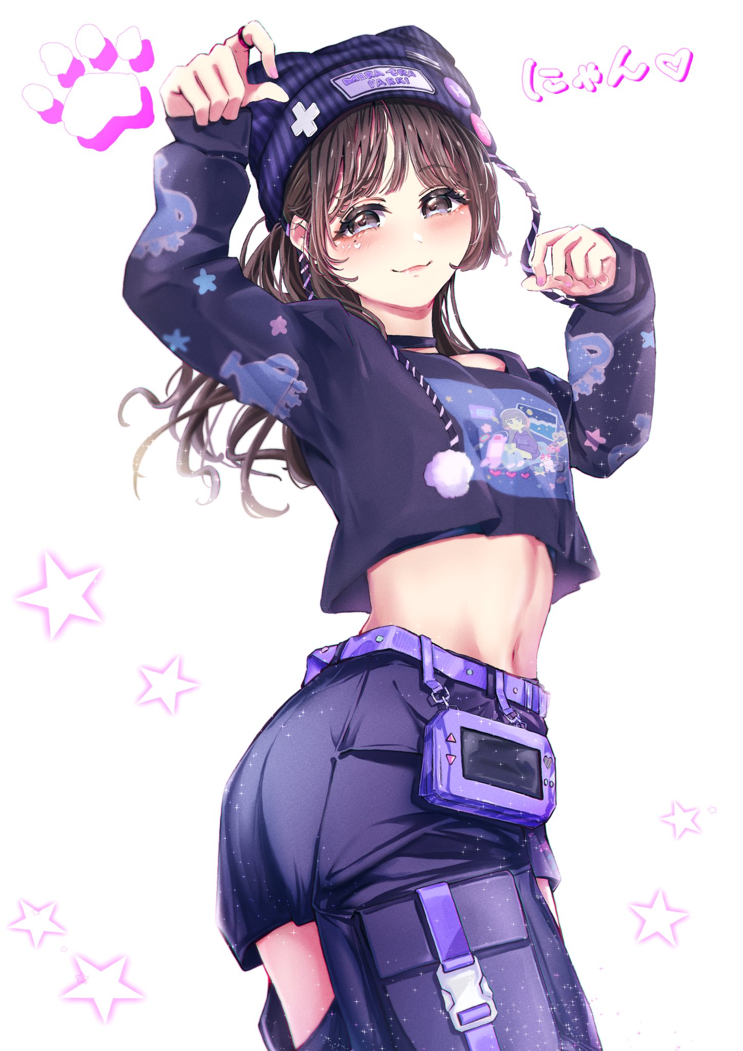 frontrivers kae, link! like! love live!, love live!, real life, alt text, commentary request, highres, 1girl, 5th live tour ~4pair power spread!!!!~, :3, animification, blush, brown hair, choker, closed mouth, crop top, cropped shirt, crotchless, crotchless pants, grey eyes, jewelry, kurusu rin, linea alba, long sleeves, looking at viewer, midriff, mole, mole under eye, navel, nyao signyal, pants, paw pose, paw print, purple choker, purple pants, purple shirt, purple shorts, ring, shirt, shorts, simple background, sleeves past wrists, smile, solo, star (symbol), voice actor, white background