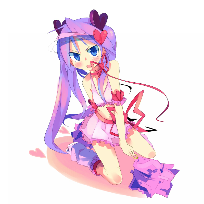 kanikama, amulet heart, hiiragi kagami, hinamori amu, lucky star, shugo chara!, visor, 1girl, amulet heart (cosplay), angry, bare shoulders, blue eyes, blush, choker, collarbone, cosplay, embarrassed, female focus, frills, frown, hair ornament, heart, hinamori amu (cosplay), kneehighs, long hair, magical girl, midriff, miniskirt, navel, pom pom (cheerleading), purple hair, ribbon, simple background, sitting, skirt, socks, solo, tsurime, twintails, visor cap, wariza