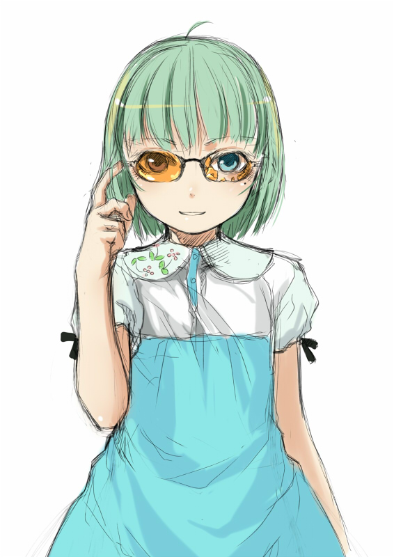 sody, original, 1girl, ahoge, blue eyes, broken eyewear, child, dress, female focus, glasses, green hair, mole, mole under eye, short hair, solo