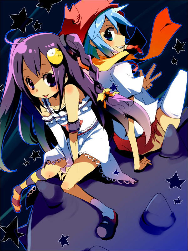 kl (dgzonbi), ixy-chan, kanikama-chan, original, striped legwear, :p, asymmetrical legwear, blue hair, blush, braid, grin, hat, long hair, mismatched legwear, purple eyes, purple hair, shoes, short hair, single shoe, sitting, smile, socks, striped clothes, striped socks, thighhighs, tongue, tongue out, v, white thighhighs