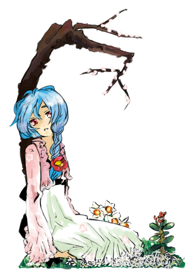 kaprice, original, blue hair, braid, dress, flower, long hair, nature, red eyes, side braid, sitting, solo