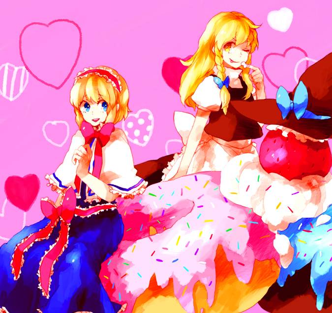 dada, dada (dolce), alice margatroid, kirisame marisa, touhou, bad id, bad pixiv id, 2girls, blonde hair, donut, female focus, food, heart, long hair, multiple girls, one eye closed, short hair, sweets, wink