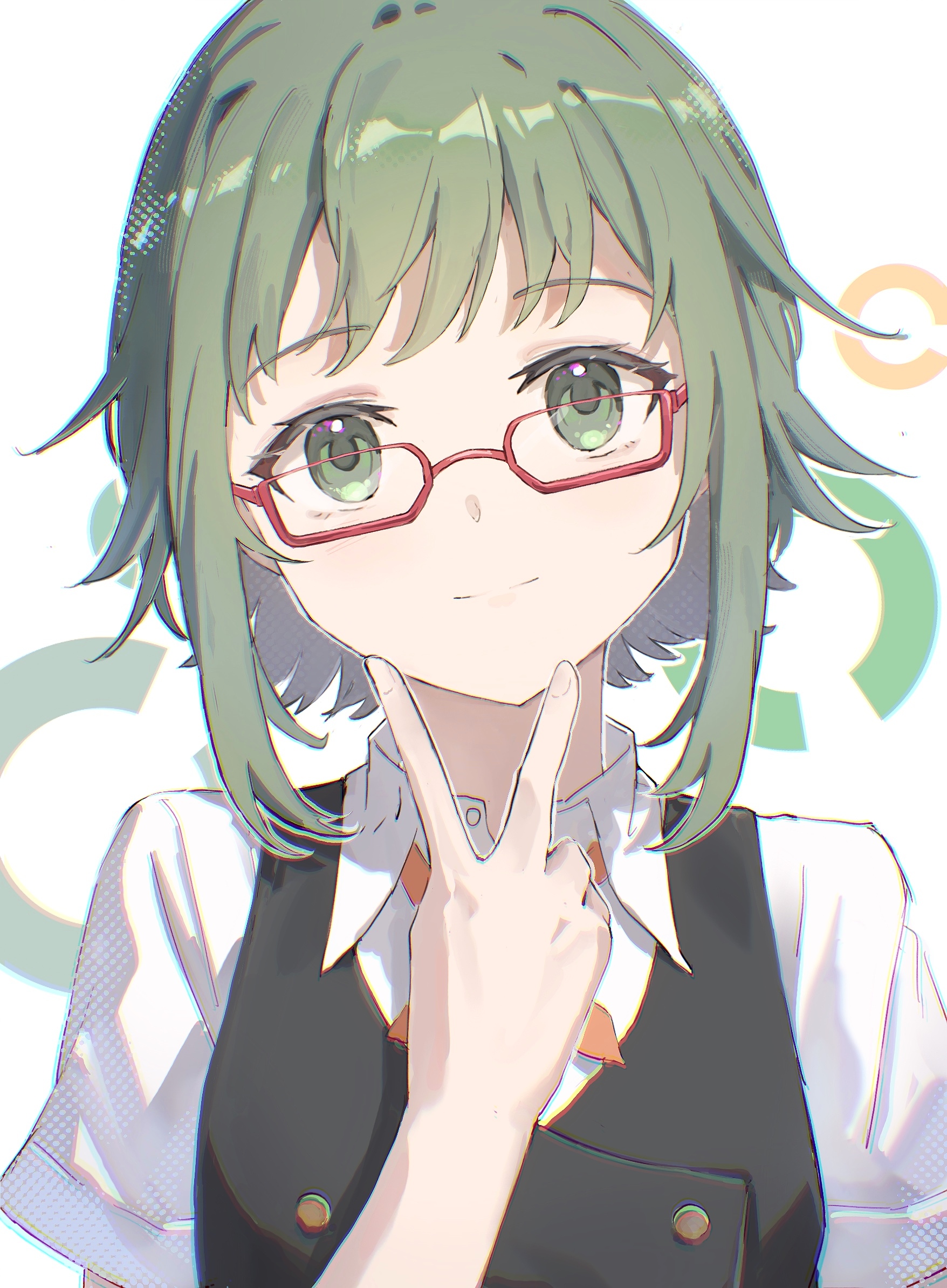 kafuuchino (chouti), gumi, shiryoku kensa (vocaloid), vocaloid, commentary, highres, 1girl, black vest, buttons, choppy bangs, closed mouth, collared dress, double-breasted, dress, glasses, green eyes, green hair, light blush, looking at viewer, neckerchief, red-framed eyewear, red neckerchief, semi-rimless eyewear, shirt, short hair, short sleeves, sidelocks, simple background, smile, solo, straight-on, upper body, v, vest, white background, white shirt