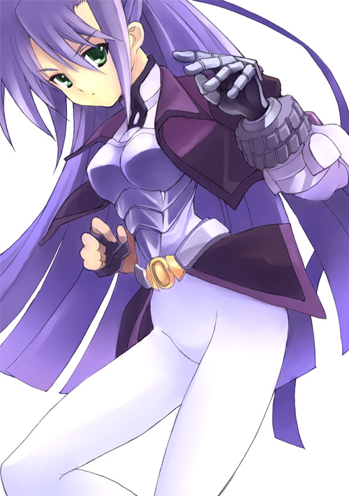 kouno hikaru, ginga nakajima, revolver knuckle, lyrical nanoha, mahou shoujo lyrical nanoha, mahou shoujo lyrical nanoha strikers, bad id, bad pixiv id, 00s, 1girl, blush, bodysuit, breasts, female focus, green eyes, long hair, looking at viewer, looking back, purple hair, shoulder pads, simple background, solo, very long hair, white background