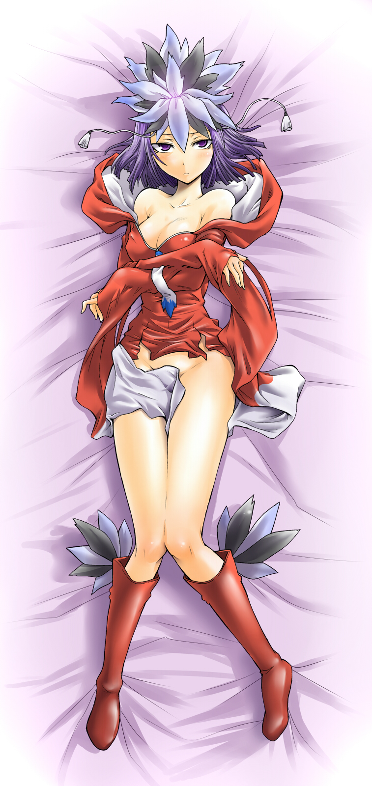 segami daisuke, kuzuryuu amane, devil survivor (series), devil survivor 1, red legwear, highres, long image, tall image, 1girl, bare shoulders, bed, bed sheet, blush, boots, breasts, censored, cleavage, collarbone, convenient censoring, crossed arms, dakimakura (medium), expressionless, feathers, female focus, fingernails, full body, groin, hair ornament, headdress, hood, hoodie, knee boots, knees, knees together feet apart, large breasts, legs, long fingernails, long sleeves, looking at viewer, lying, no panties, on back, purple eyes, purple hair, red boots, shiny skin, short hair, sleeves past wrists, solo, the bed, thighs
