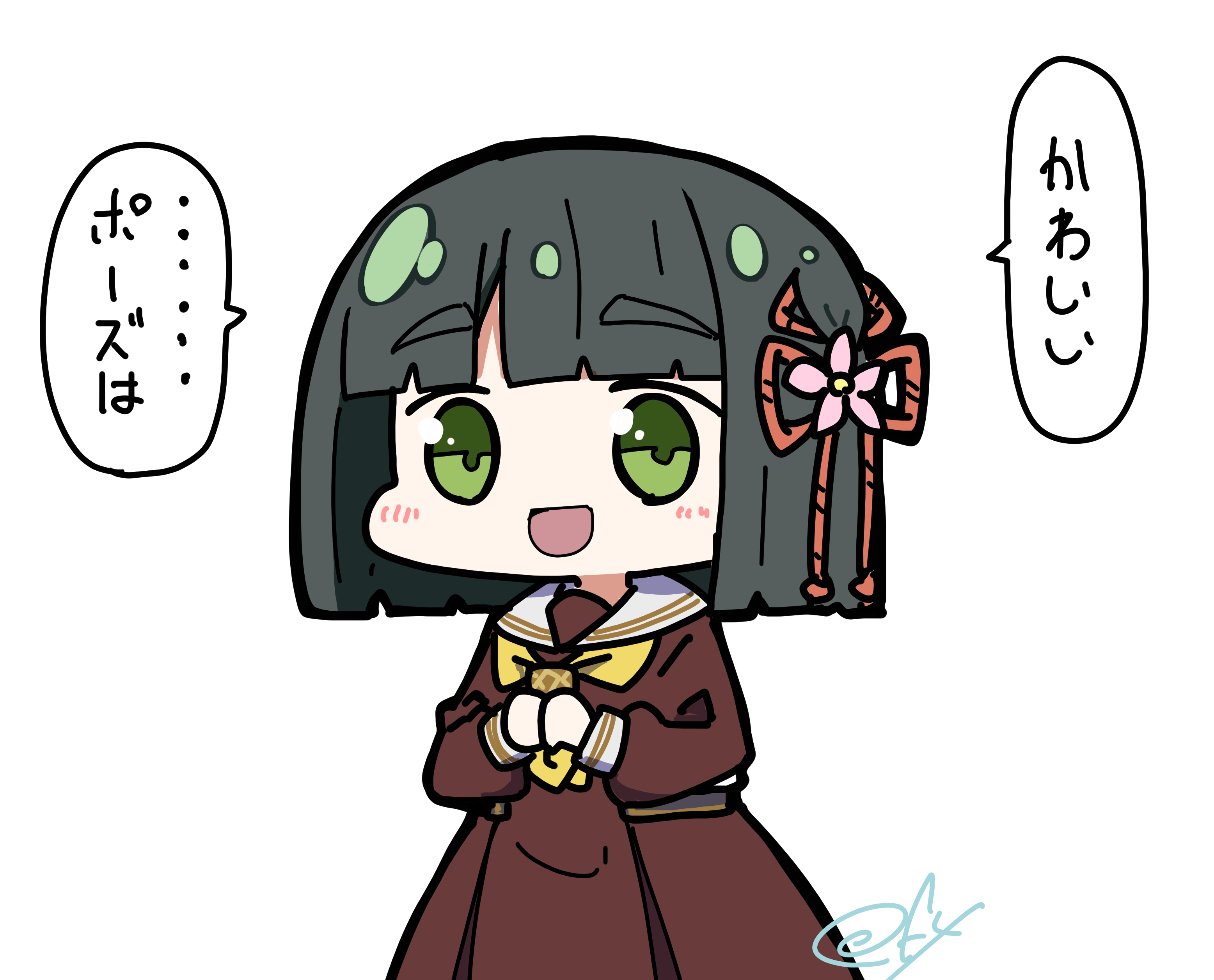 oofushi ao, momose ginko, link! like! love live!, love live!, absurdres, highres, translation request, 1girl, :d, black hair, blunt bangs, blunt ends, bob cut, brown dress, chibi, chibi only, dress, green eyes, hasu no sora school uniform, long sleeves, looking at viewer, neckerchief, open mouth, pleated dress, sailor collar, sailor dress, school uniform, short hair, signature, simple background, smile, solo, speech bubble, virtual youtuber, white background, white sailor collar, winter uniform, yellow neckerchief