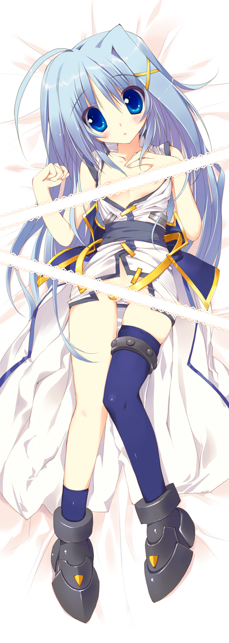 tsurusaki takahiro, reinforce zwei, lyrical nanoha, mahou shoujo lyrical nanoha, mahou shoujo lyrical nanoha strikers, bad id, bad pixiv id, highres, long image, tall image, 00s, 1girl, asymmetrical clothes, blue eyes, blue hair, blush, censored, dakimakura (medium), female focus, flat chest, full body, hair ornament, long hair, lying, matching hair/eyes, mini person, minigirl, no panties, open clothes, open shirt, shirt, single thighhigh, solo, thighhighs, x hair ornament