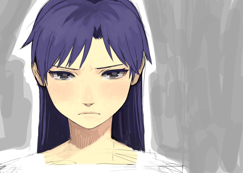 yu 65026, kisaragi chihaya, idolmaster, idolmaster (classic), idolmaster 1, 00s, 1girl, black eyes, blush, female focus, frown, long hair, purple hair, solo, tears