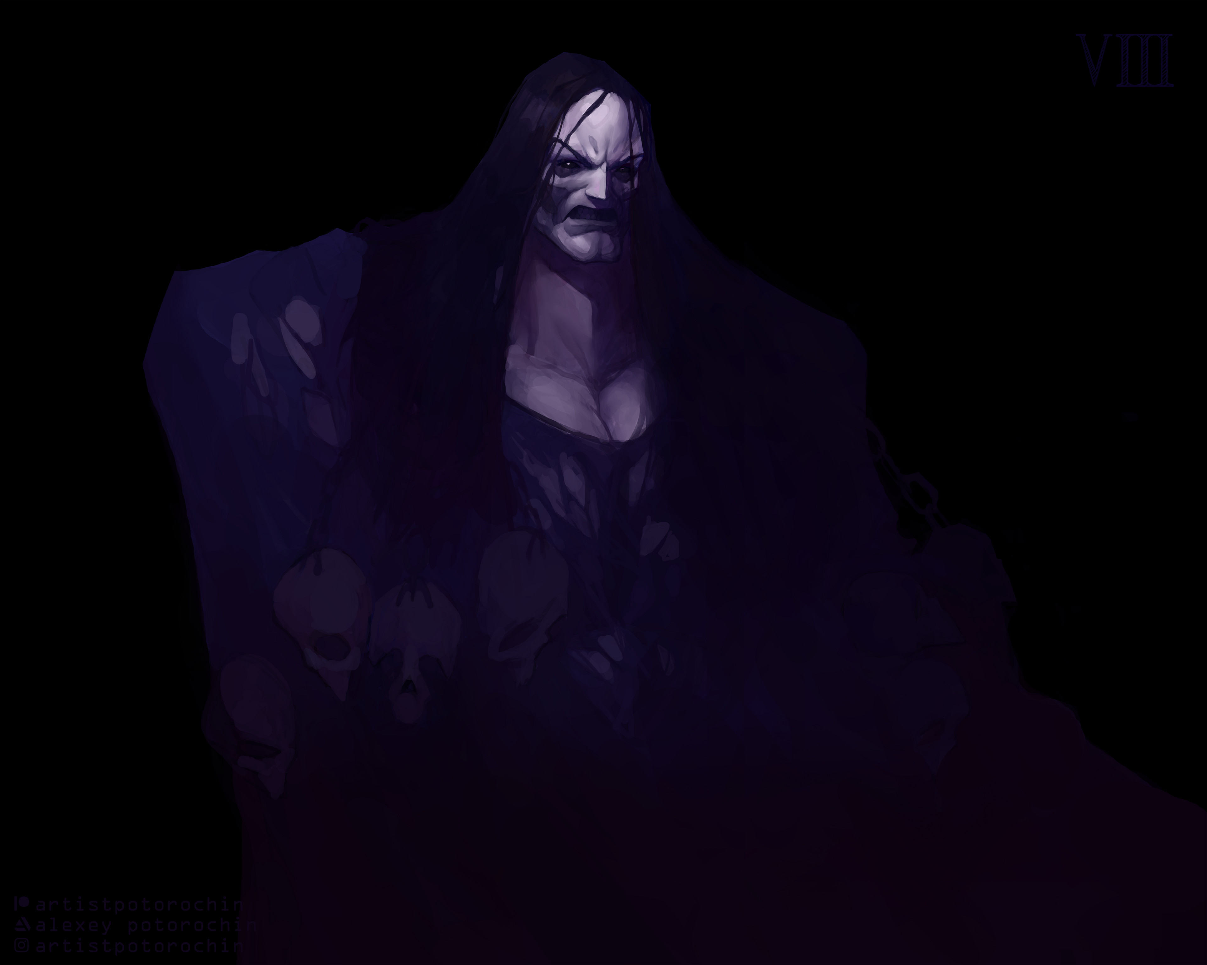 potoq, konrad curze, warhammer 40k, absurdres, commentary, english commentary, highres, 1boy, artist name, artstation logo, artstation username, black background, black eyes, black hair, black sclera, chain, colored sclera, instagram logo, instagram username, long hair, looking at viewer, night lords, open mouth, pale skin, patreon logo, patreon username, primarch, roman numeral, simple background, skull, skull ornament, solo, teeth