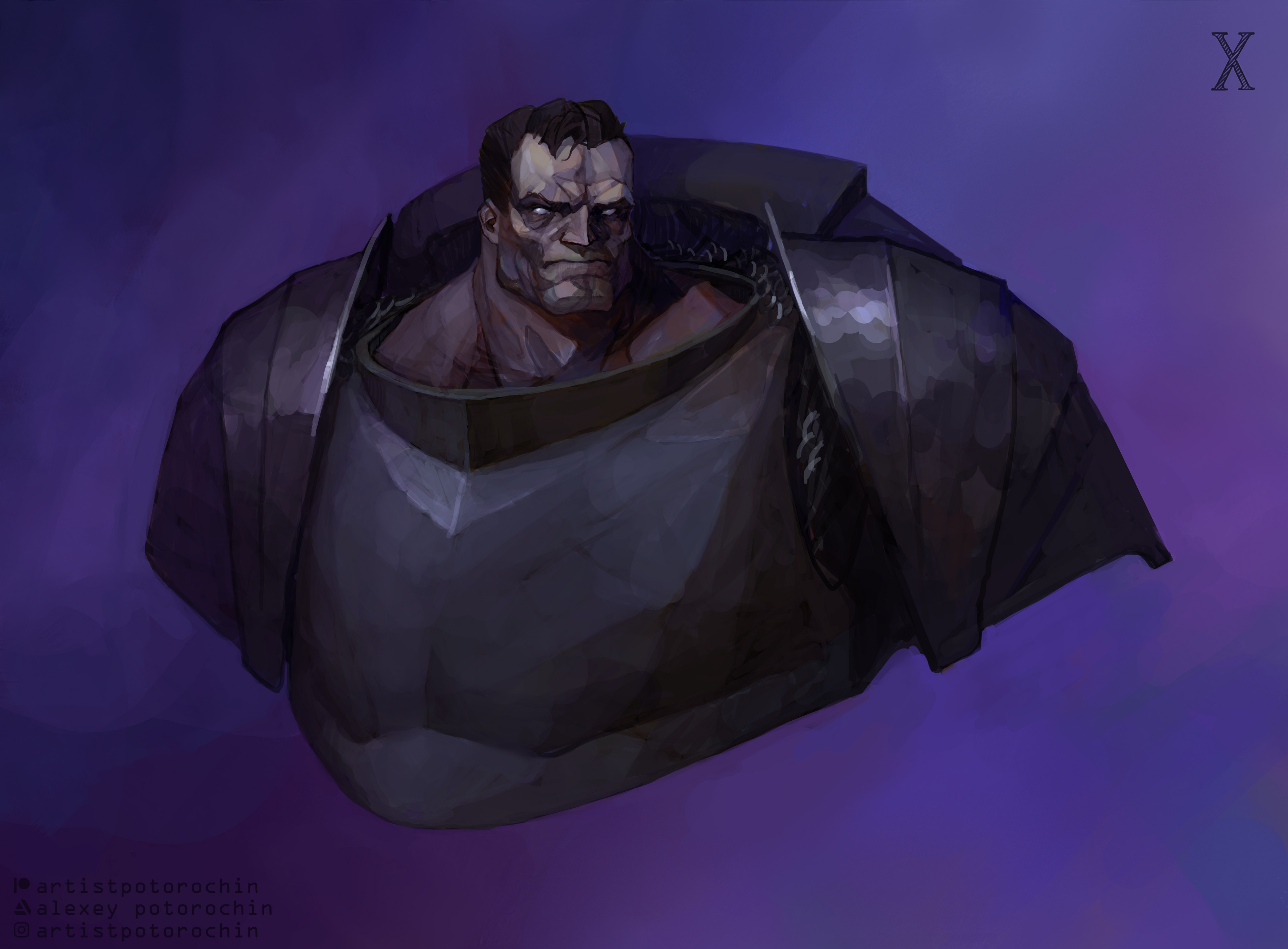 potoq, ferrus manus, iron hands (warhammer), warhammer 40k, absurdres, commentary, english commentary, highres, 1boy, armor, artist name, artstation logo, artstation username, black hair, breastplate, chainmail, closed mouth, full armor, instagram logo, instagram username, patreon logo, patreon username, pauldrons, power armor, primarch, purple background, roman numeral, short hair, shoulder armor, simple background, solo, white eyes