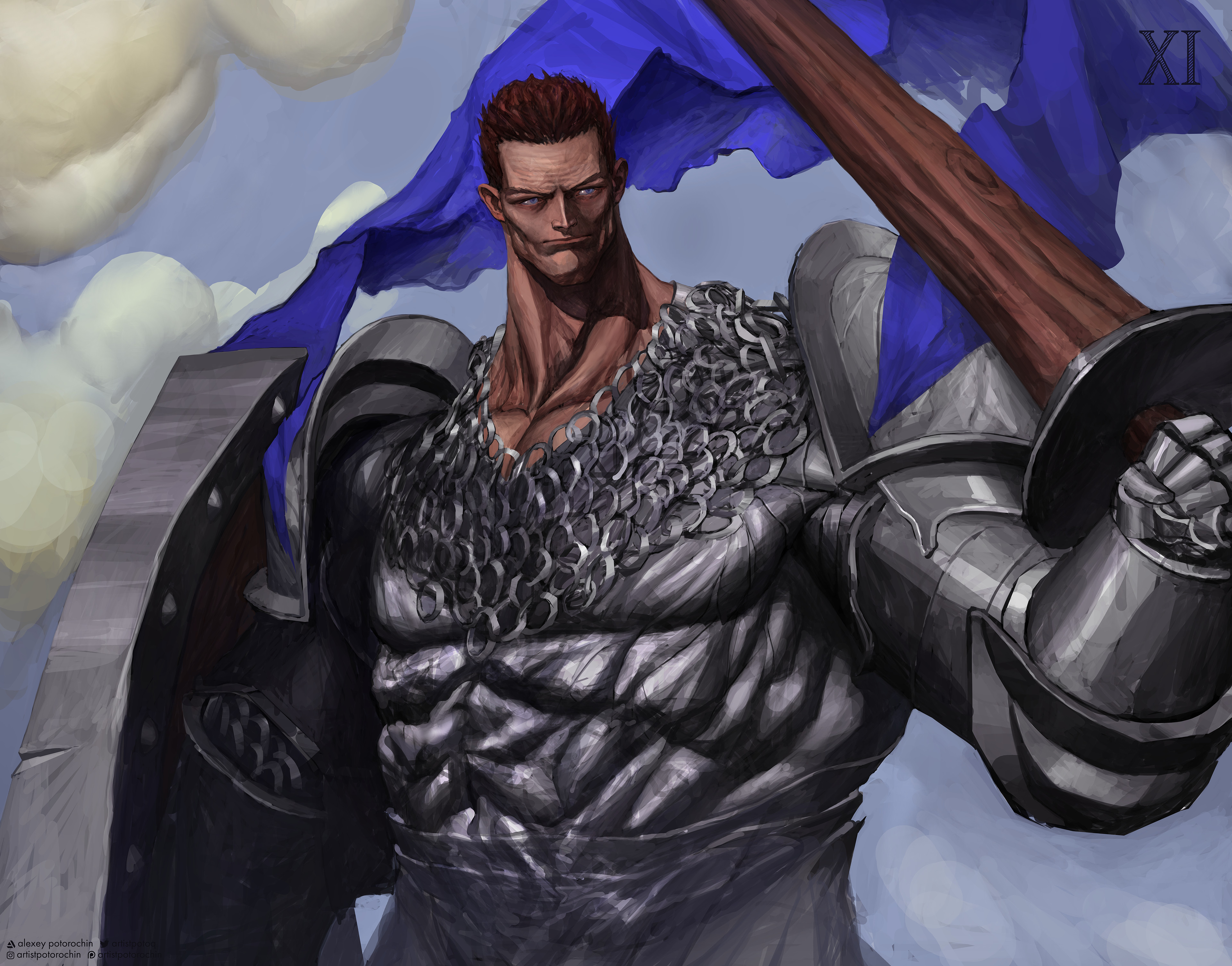 potoq, warhammer 40k, absurdres, commentary, english commentary, highres, 1boy, armor, artist name, artstation logo, artstation username, blue cape, blue eyes, breastplate, brown hair, cape, chainmail, cloud, cloudy sky, holding, holding polearm, holding shield, holding weapon, instagram logo, instagram username, jousting, lance, lost primarch, muscular, muscular male, ornate armor, patreon logo, patreon username, pauldrons, polearm, power armor, primarch, roman numeral, shield, short hair, shoulder armor, silver armor, simple background, sky, solo, twitter logo, twitter username, weapon