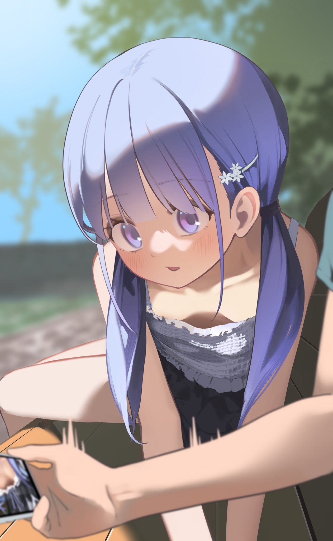 pei iriya, hayakawa sena (pei iriya), original, commentary request, highres, 1girl, black skirt, blush, breasts, downblouse, hair ornament, long hair, looking at viewer, pov, pov hands, purple eyes, purple hair, shirt, sitting, skirt, small breasts, solo focus, twintails, white shirt