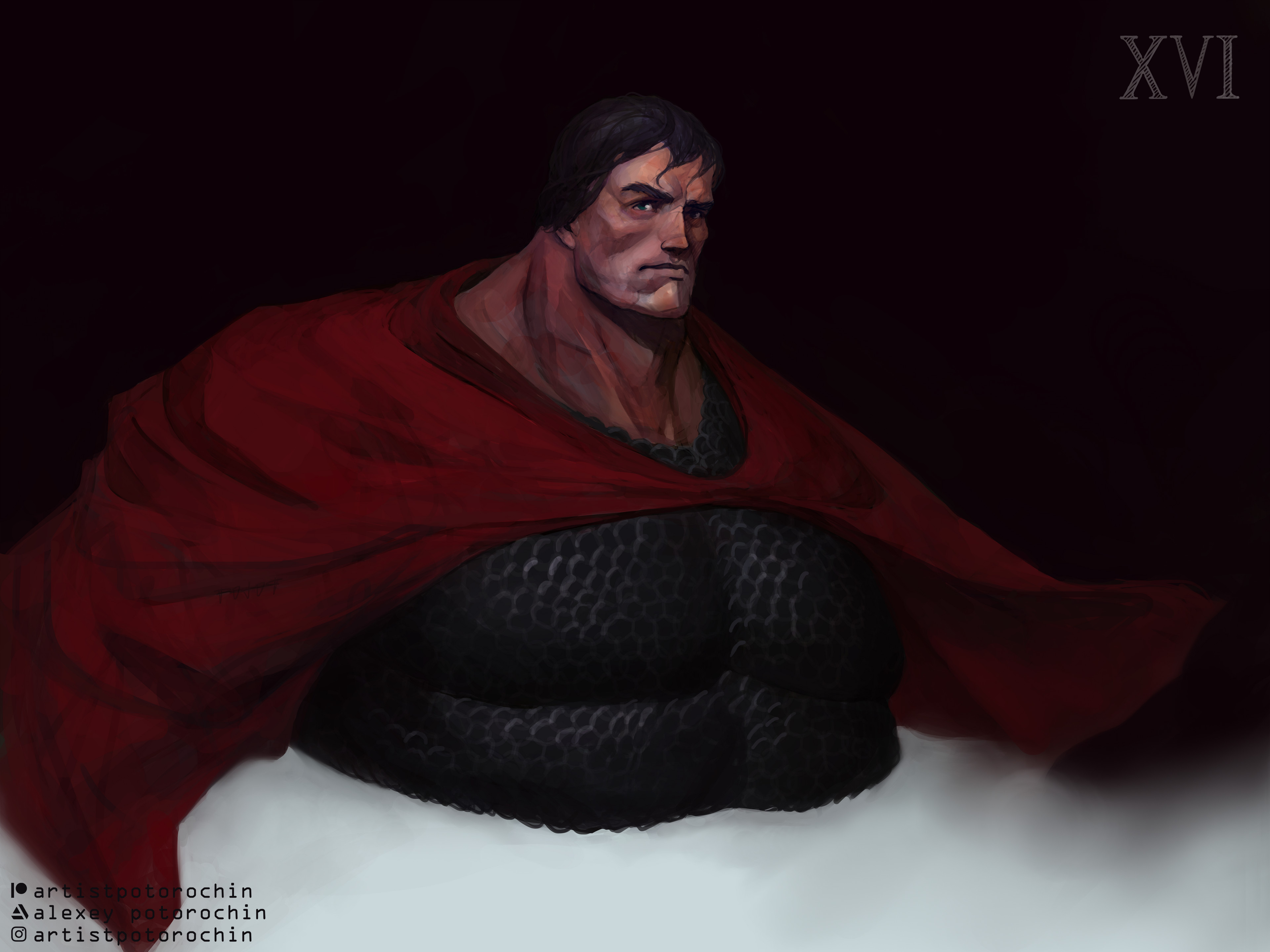 potoq, horus lupercal, warhammer 40k, absurdres, commentary, english commentary, highres, 1boy, armor, artist name, artstation logo, artstation username, black armor, blue eyes, breastplate, cape, closed mouth, instagram logo, instagram username, large pectorals, looking at viewer, luna wolves, muscular, muscular male, patreon logo, patreon username, pectorals, primarch, red cape, roman numeral, scale armor, short hair, simple background, solo