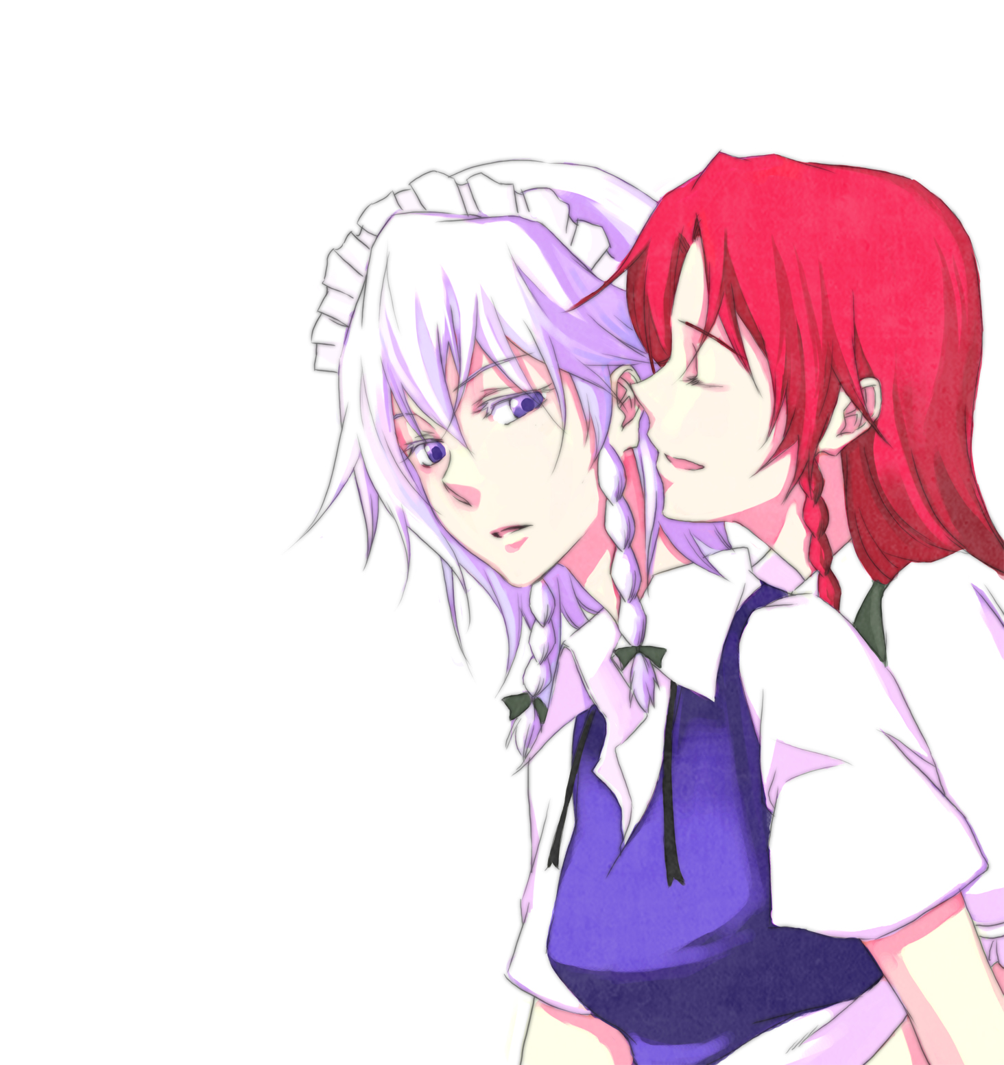 negom, hong meiling, izayoi sakuya, embodiment of scarlet devil, touhou, silver hair, bad id, bad pixiv id, highres, 2girls, braid, closed eyes, female focus, hug, hug from behind, long hair, maid, maid headdress, multiple girls, purple eyes, red hair, twin braids, yuri