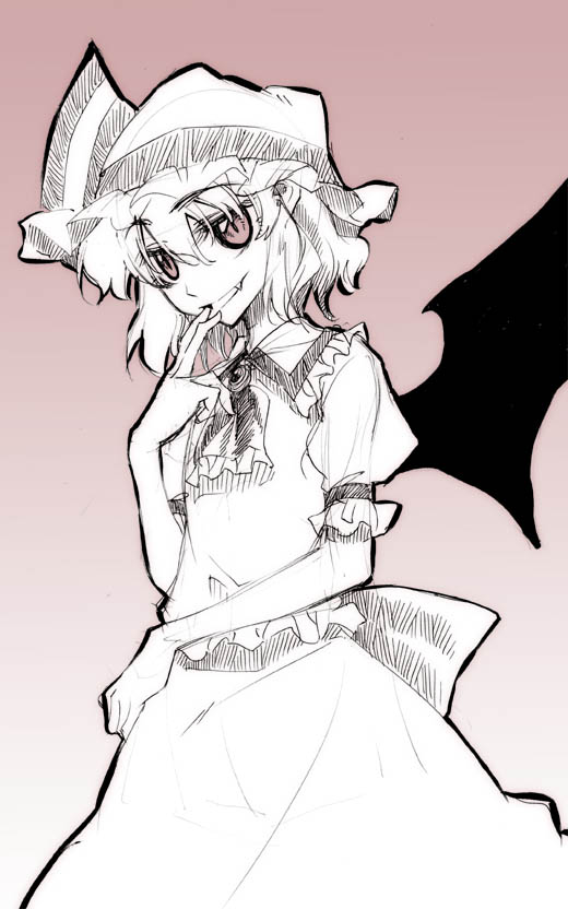 hikawa shou, remilia scarlet, touhou, jpeg artifacts, 1girl, fang, female focus, gradient background, grin, hat, monochrome, short hair, sketch, smile, smirk, solo, spot color, wings