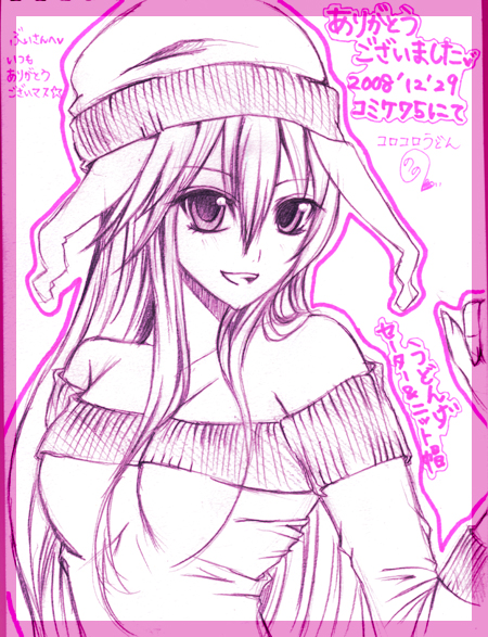 nonoko, yuuka nonoko, reisen udongein inaba, touhou, traditional media, translation request, 1girl, animal ears, bare shoulders, casual, female focus, long hair, monochrome, purple theme, rabbit ears, shikishi, solo, sweater, upper body, white background