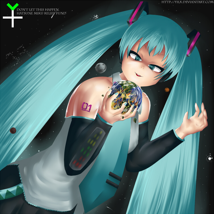yilx, hatsune miku, vocaloid, apocalypse, destruction, earth (planet), giant, giantess, grin, huge giantess, long hair, planet, smile, space, twintails