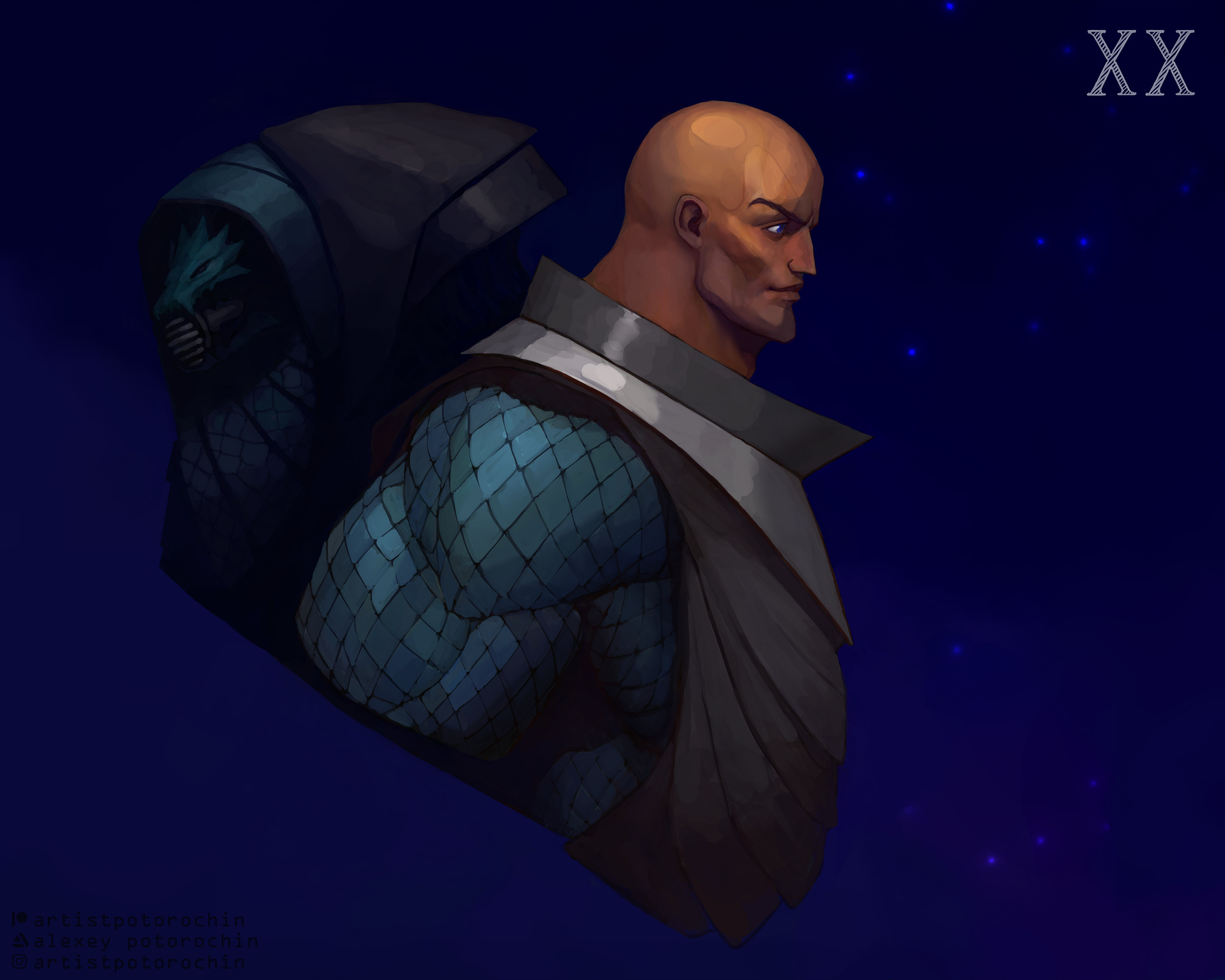 potoq, alpha legion, warhammer 40k, absurdres, commentary, english commentary, highres, 1boy, armor, artist name, artstation logo, artstation username, bald, blue background, blue eyes, breastplate, from side, full armor, gorget, instagram logo, instagram username, light smile, omegon, patreon logo, patreon username, pauldrons, power armor, primarch, roman numeral, scale armor, shoulder armor, simple background, sky, smile, solo, star (sky), star (symbol), starry sky, starry sky background, turquoise armor
