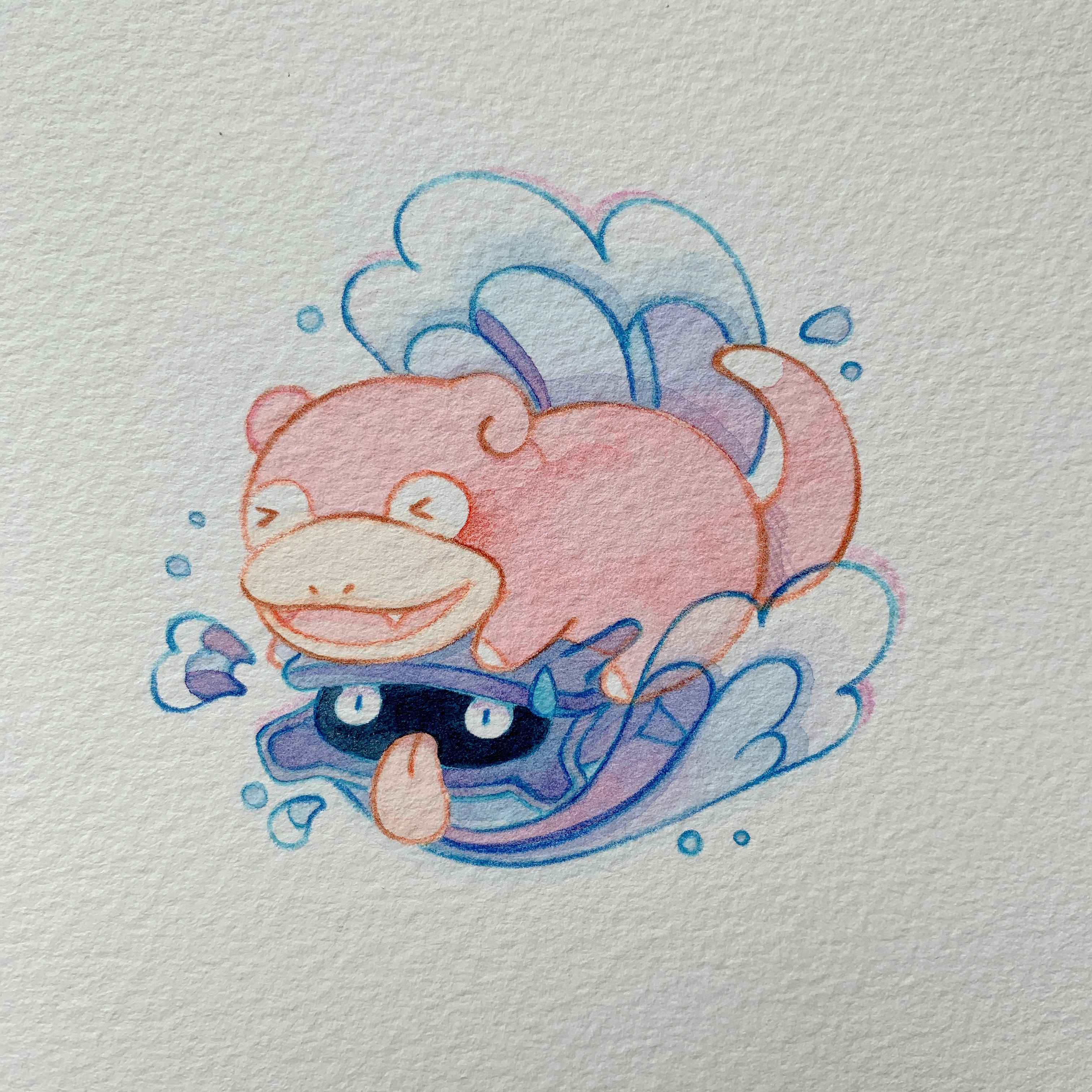 kox hsl, shellder, slowpoke, nintendo, pokemon, absurdres, commentary, highres, painting (medium), photo (medium), traditional media, watercolor (medium), > <, comedic sweatdrop, fang, full body, gen 1 pokemon, no humans, nostrils, paper texture, pokemon (creature), tongue, tongue out, water drop, waves