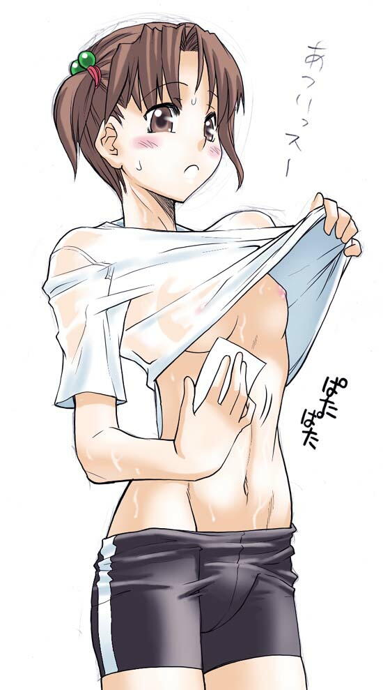 shinama, 1girl, bike shorts, blush, breasts, brown eyes, brown hair, clothes lift, female focus, flat chest, navel, nipples, no bra, see-through clothes, shirt lift, simple background, solo, sweat, white background, wiping