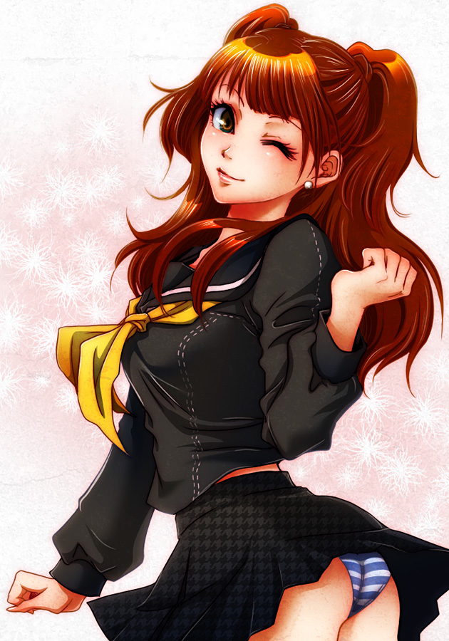 kida sukizou, lilysick, kujikawa rise, atlus, persona, persona 4, 1girl, ass, brown eyes, brown hair, earrings, female focus, houndstooth, jewelry, long hair, one eye closed, panties, school uniform, serafuku, solo, striped clothes, striped panties, twintails, underwear, wink