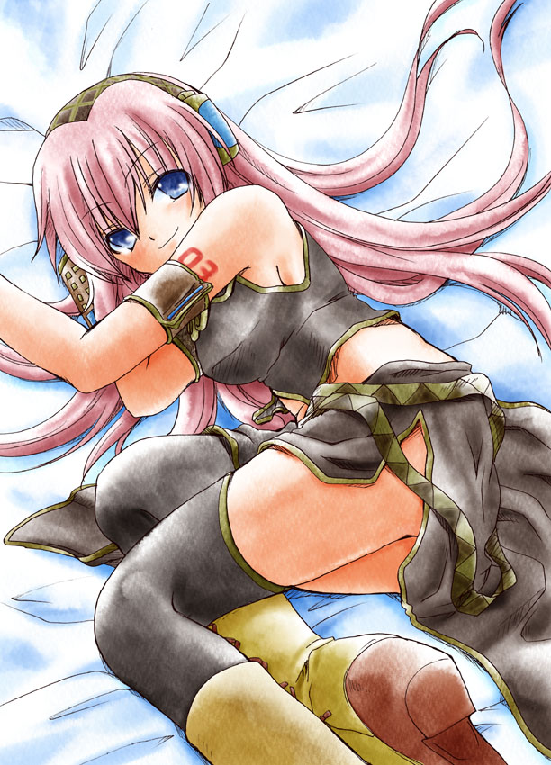 takaha momo, megurine luka, vocaloid, bad id, bad pixiv id, 1girl, blue eyes, blush, boots, breasts, female focus, headset, long hair, lying, medium breasts, pink hair, skirt, solo, thighhighs, thighs, very long hair