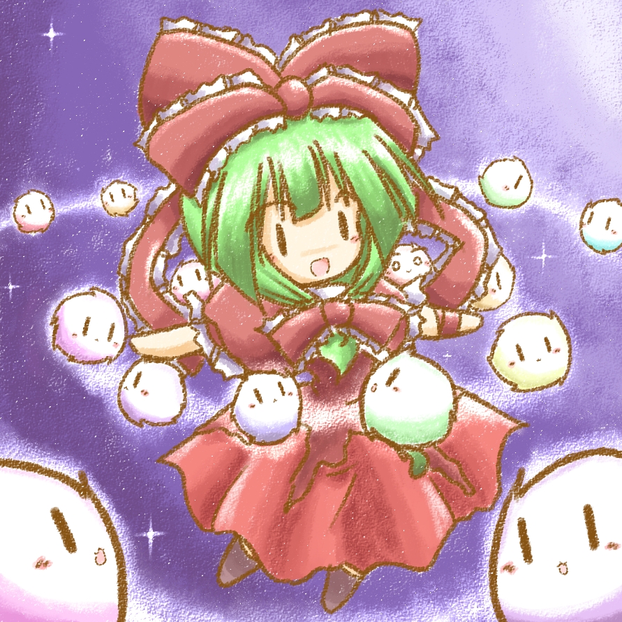 tilde (ice cube), kagiyama hina, kedama (touhou), touhou, bad id, bad pixiv id, ï½ﾅｾ (pixiv34168), 1girl, chibi, female focus, front ponytail, green hair, long hair, ribbon, solo, | |