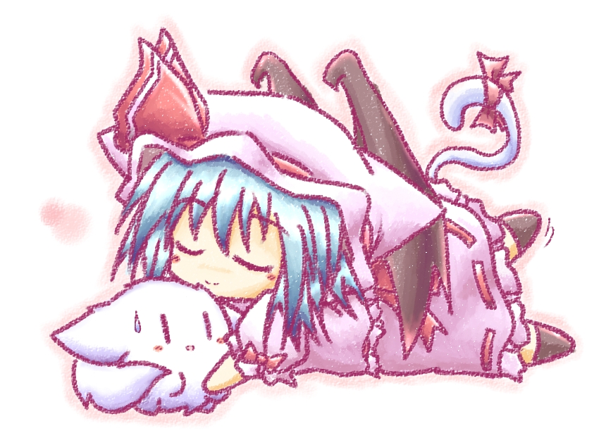 tilde (ice cube), kedama (touhou), remilia scarlet, touhou, bad id, bad pixiv id, ï½ﾅｾ (pixiv34168), 1girl, animal ears, bat wings, blue hair, cat ears, cat girl, cat tail, chibi, female focus, full body, hat, hat ribbon, ribbon, skirt, solo, tail, white background, wings, | |