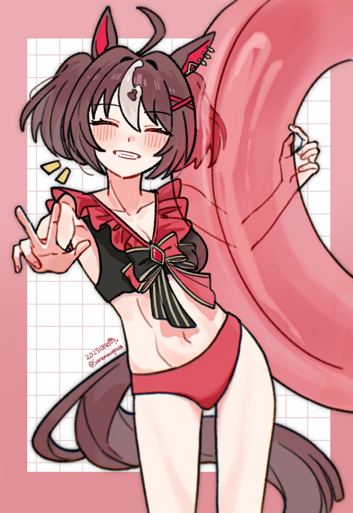 saramiao-chan, gran alegria (umamusume), umamusume, highres, ahoge, animal ears, bikini, breasts, brown hair, cleavage, closed eyes, closed mouth, collarbone, dated, hair between eyes, hair ornament, horse ears, innertube, medium breasts, navel, simple background, swim ring, swimsuit, twitter username, v, x hair ornament