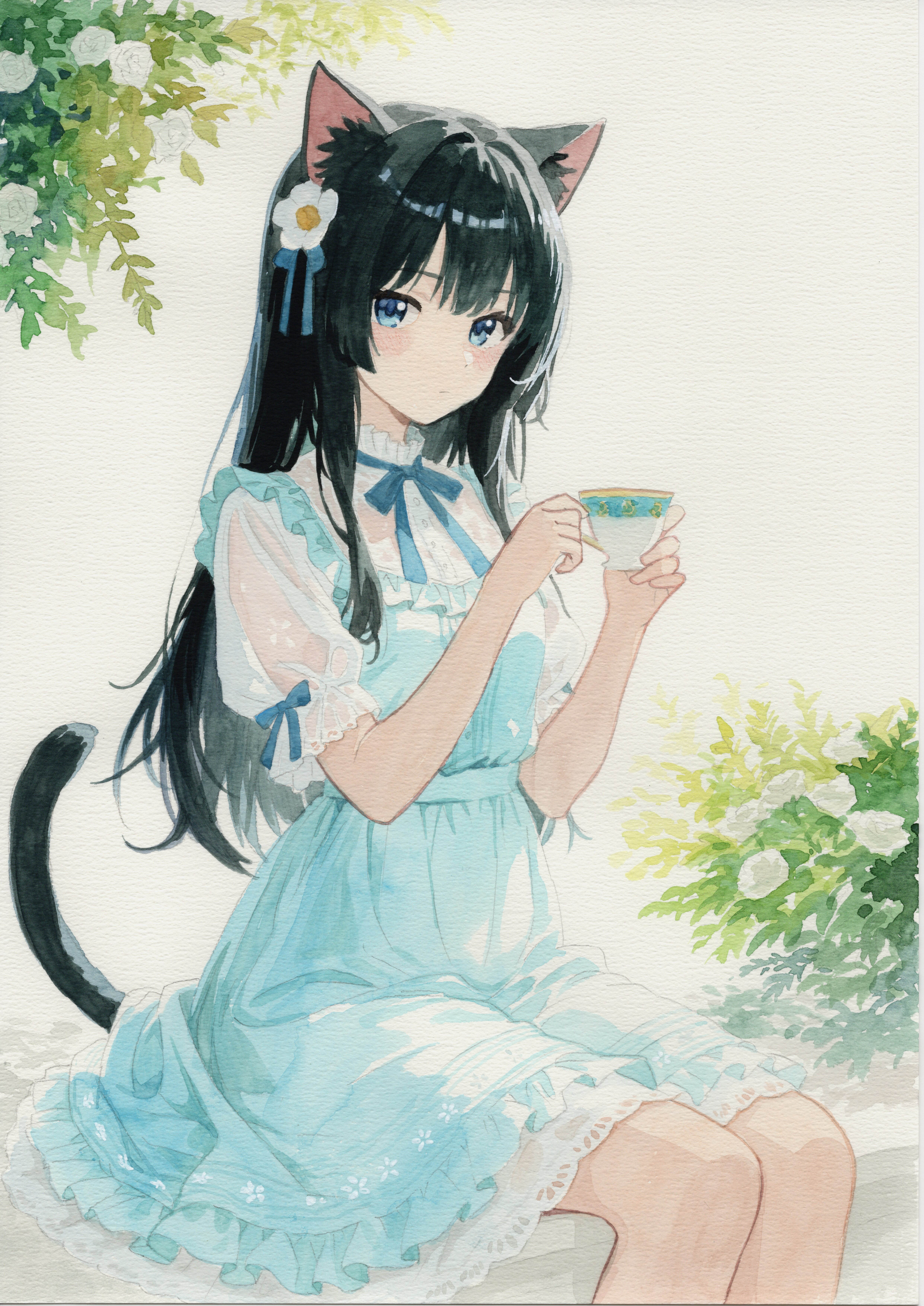original, absurdres, commentary request, highres, painting (medium), traditional media, watercolor (medium), 1girl, animal ears, ayane (ayaneiroaya), black hair, blue dress, blue eyes, cat ears, cat girl, cat tail, cup, dress, flower, frilled dress, frills, hair flower, hair ornament, holding, holding cup, light frown, long hair, looking at viewer, puffy short sleeves, puffy sleeves, see-through clothes, see-through shirt, shirt, short sleeves, sitting, tail, teacup, white flower, white shirt