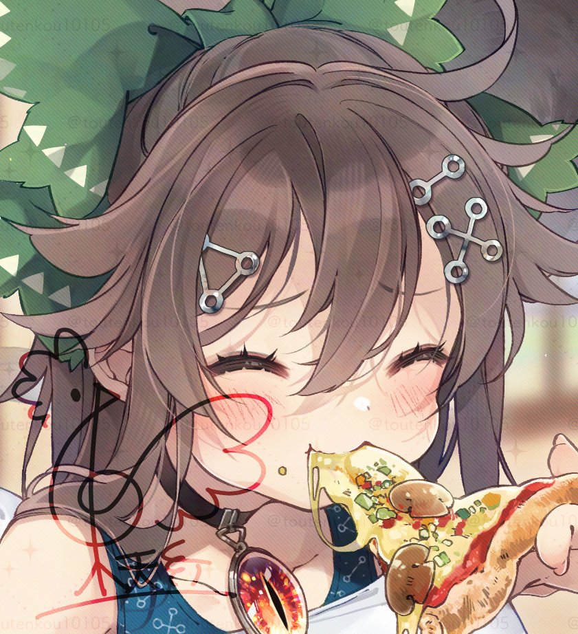 toutenkou, reiuji utsuho, touhou, commentary request, 1girl, ^ ^, artist logo, black choker, bow, brown hair, cheese, choker, close-up, closed eyes, double-parted bangs, eating, fingernails, food, green bow, hair between eyes, hair bow, hair ornament, happy, logo, mushroom, pizza, smile, solo, third eye, watermark, watermark grid