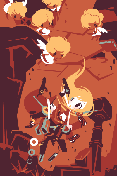 shinonoko, zanp, bute, curly brace, quote (cave story), doukutsu monogatari, spoilers, 1boy, 1girl, android, blonde hair, carrying, good end, gun, hat, jetpack, pale skin, weapon