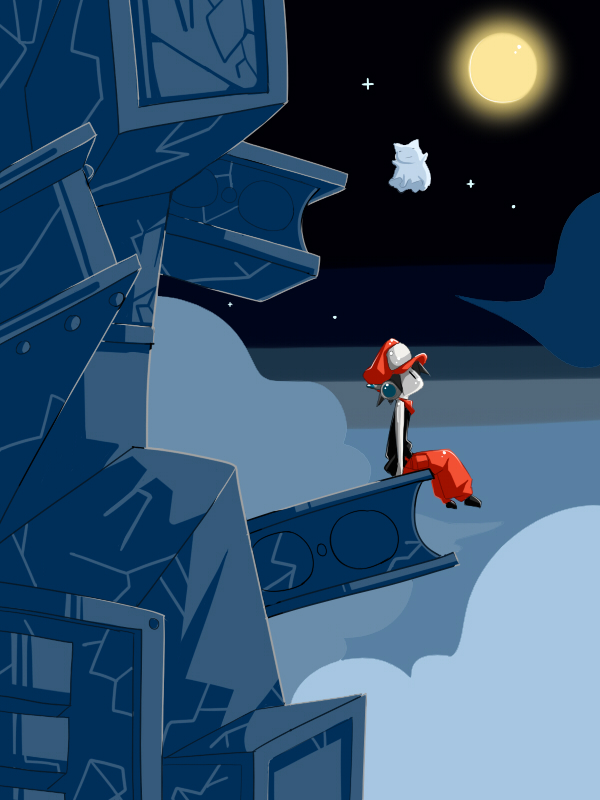 frfr, quote (cave story), doukutsu monogatari, bad id, bad pixiv id, 1boy, baseball cap, cat, cloud, full moon, ghost, hat, looking up, male focus, moon, moonsong, night, robot ears, sitting, solo, star (sky), star (symbol)