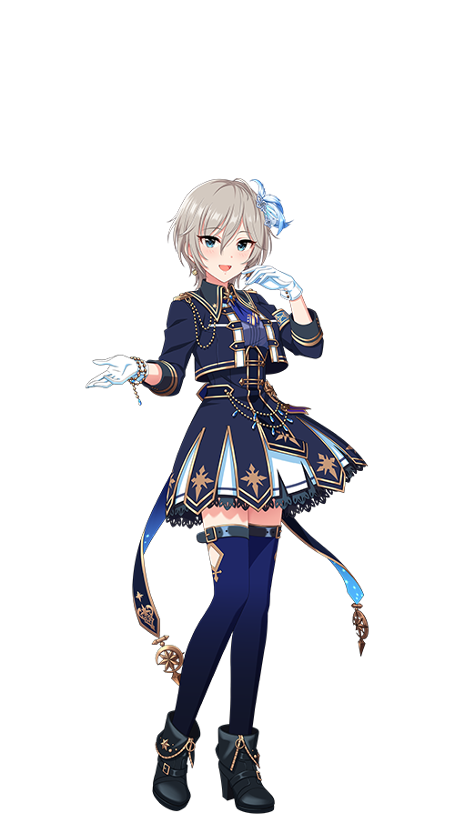 anastasia (idolmaster), idolmaster, idolmaster cinderella girls, idolmaster cinderella girls starlight stage, official art, 1girl, blue eyes, boots, full body, gloves, grey hair, hair ornament, high heel boots, high heels, idol clothes, open mouth, solo, thighhighs, transparent background