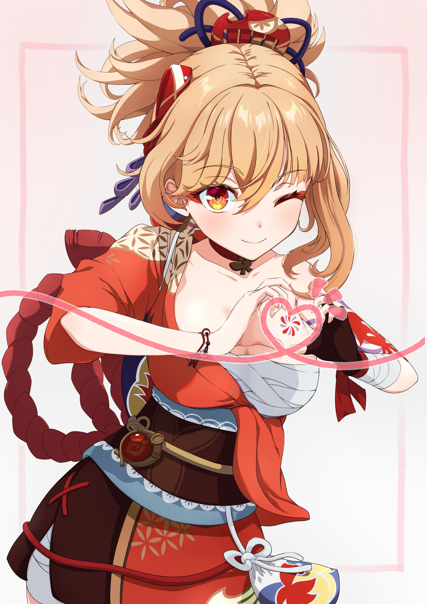 menchi-men, yoimiya (genshin impact), genshin impact, highres, 1girl, arm tattoo, bandaged arm, bandages, blonde hair, breasts, chest sarashi, chest tattoo, choker, cowboy shot, eyeliner, hadanugi dousa, hair between eyes, hair ornament, heart, heart hands, japanese clothes, kimono, kinchaku, looking at viewer, makeup, medium breasts, obi, one eye closed, open kimono, orange eyes, orange kimono, ponytail, pouch, red eyeliner, red rope, rope, sarashi, sash, single bare shoulder, smile, solo, tattoo, vision (genshin impact)