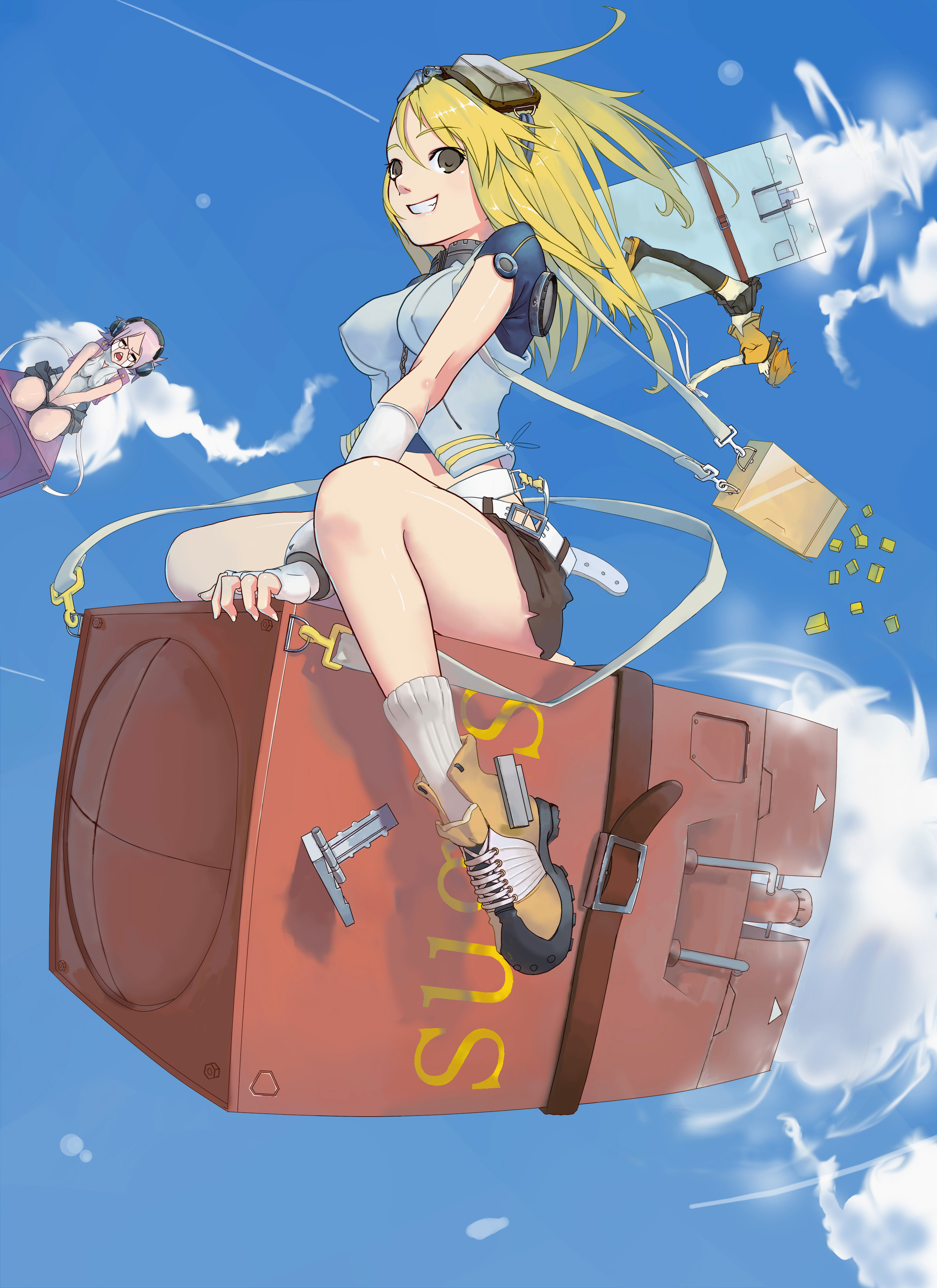 violent panda, white legwear, absurdres, highres, 3girls, black socks, blonde hair, blouse, box, breasts, day, female focus, glasses, goggles, hair between eyes, kneehighs, multiple girls, on box, orange shirt, orange shoes, outdoors, pink hair, shirt, shoes, sitting, sitting on box, skirt, skirt tug, sky, smoke, socks, thighhighs