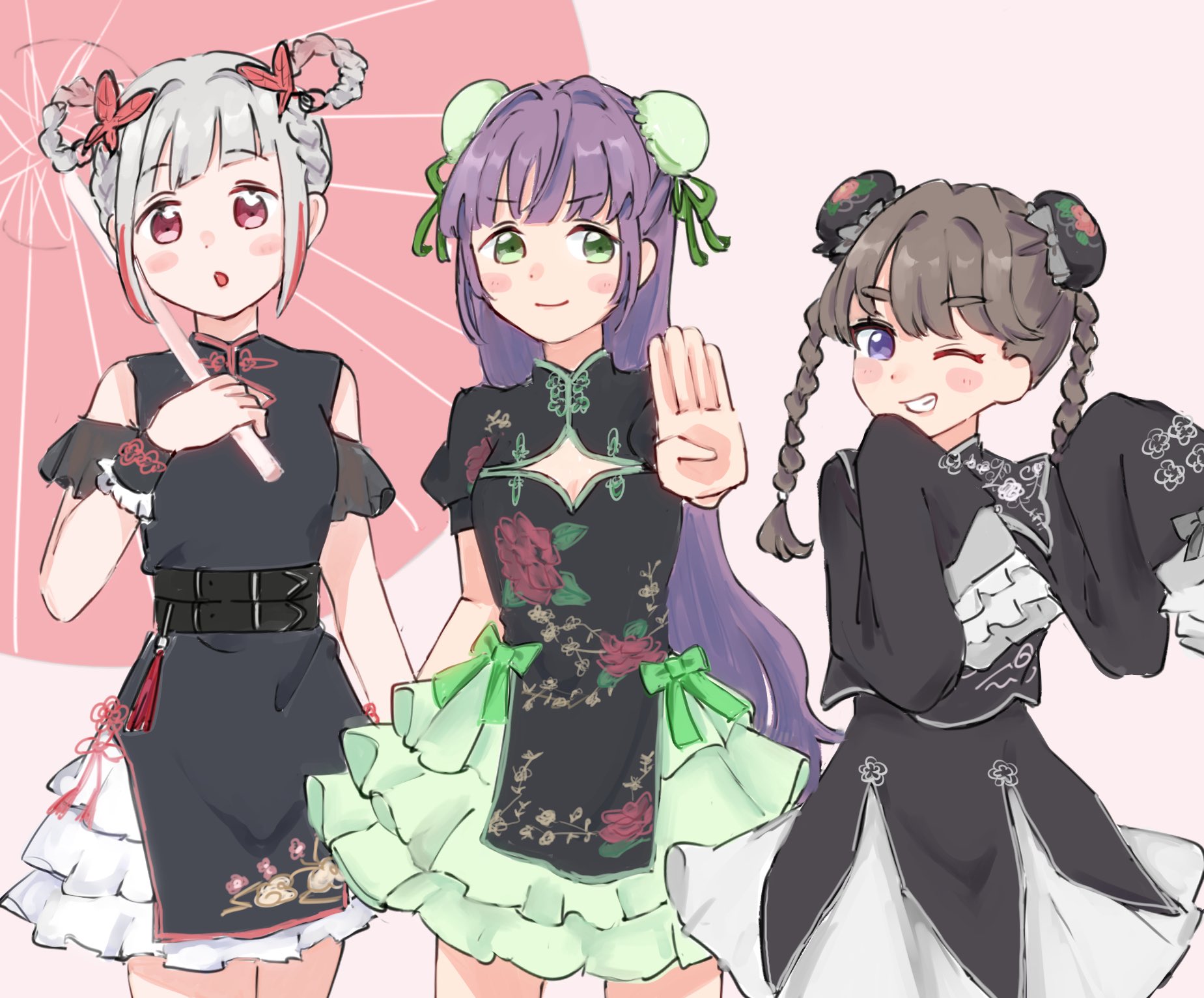 moso (expect66), fujishima megumi, otomune kozue, yugiri tsuzuri, link! like! love live!, love live!, commentary, hashtag-only commentary, highres, 3girls, above-cleavage cutout, alternate costume, black dress, black shirt, black skirt, braid, breasts, brown hair, bun cover, butterfly hair ornament, chestnut mouth, china dress, chinese clothes, cleavage, cleavage cutout, clothing cutout, cowboy shot, double bun, dress, frilled skirt, frilled sleeves, frills, green eyes, green ribbon, green skirt, grey hair, grey skirt, hair bun, hair intakes, hair ornament, hair ribbon, hasu no sora pop up shop china collection, holding, holding umbrella, long hair, long sleeves, looking at viewer, miniskirt, multicolored hair, multiple girls, oil-paper umbrella, pink background, pink eyes, purple eyes, purple hair, red hair, ribbon, shirt, short dress, skirt, sleeves past fingers, sleeves past wrists, streaked hair, twin braids, umbrella, umbrella over shoulder, virtual youtuber, white skirt