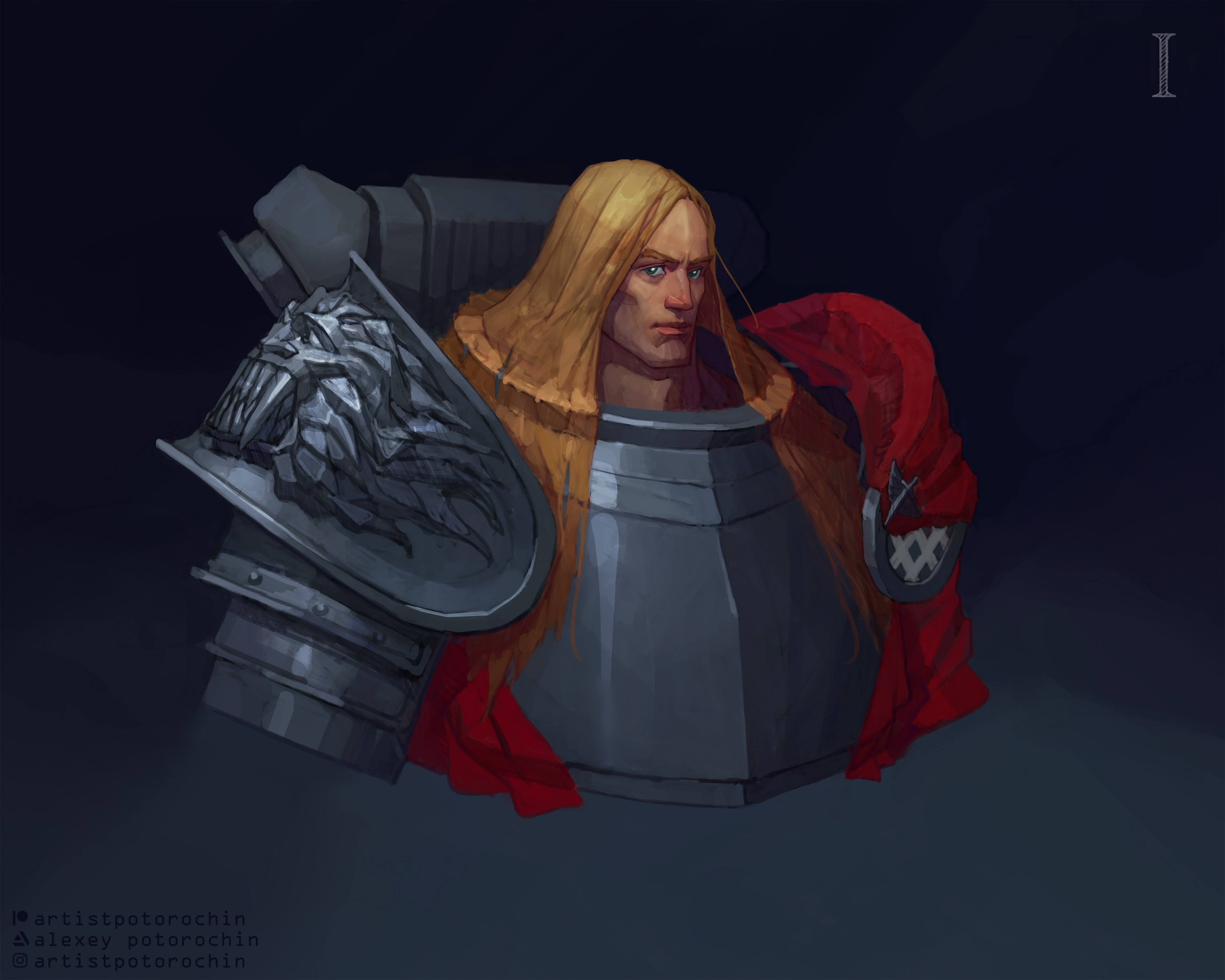 potoq, dark angels, lion el'jonson, warhammer 40k, absurdres, commentary, english commentary, highres, 1boy, armor, artist name, artstation logo, artstation username, blonde hair, breastplate, closed mouth, green eyes, grey armor, instagram logo, instagram username, long hair, looking at viewer, ornate armor, patreon logo, patreon username, pauldrons, power armor, primarch, red surcoat, roman numeral, shoulder armor, simple background, solo