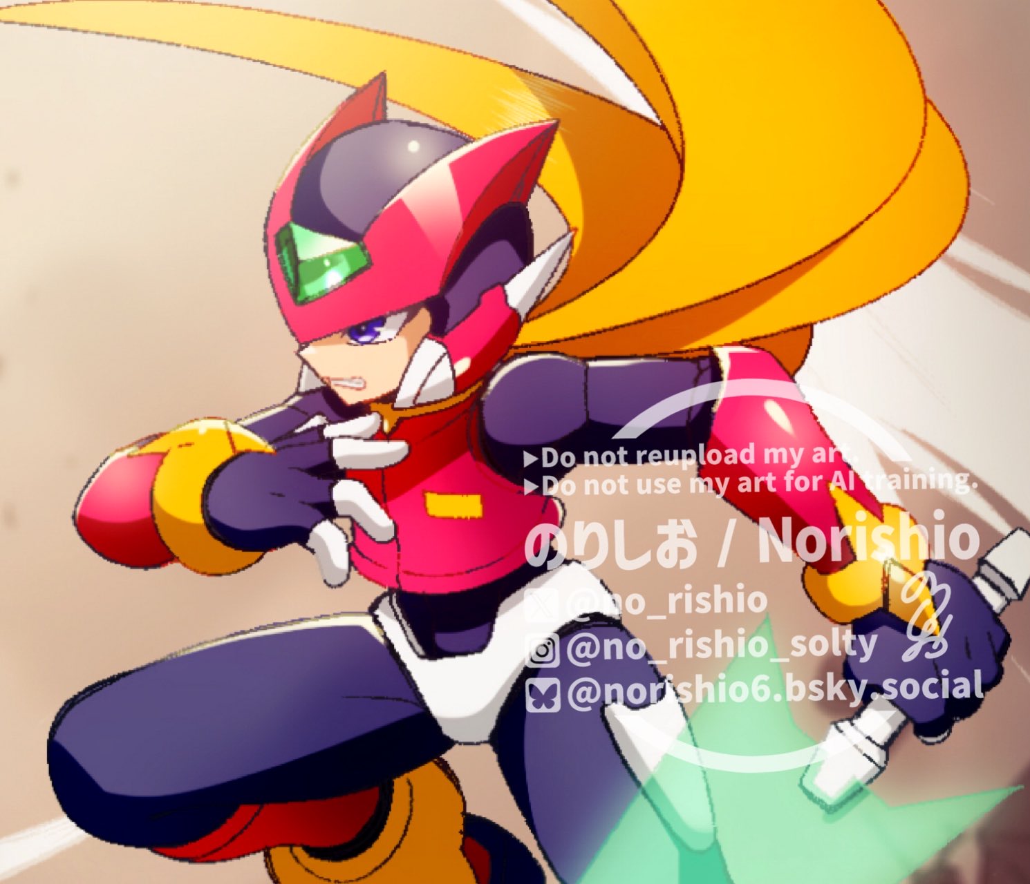 no-rishio, zero(z) (mega man), zero (mega man), mega man (series), mega man zero (series), highres, 1boy, armor, blonde hair, blue eyes, cowboy shot, energy sword, helmet, holding, holding sword, holding weapon, male focus, red armor, red helmet, solo, sword, watermark, weapon