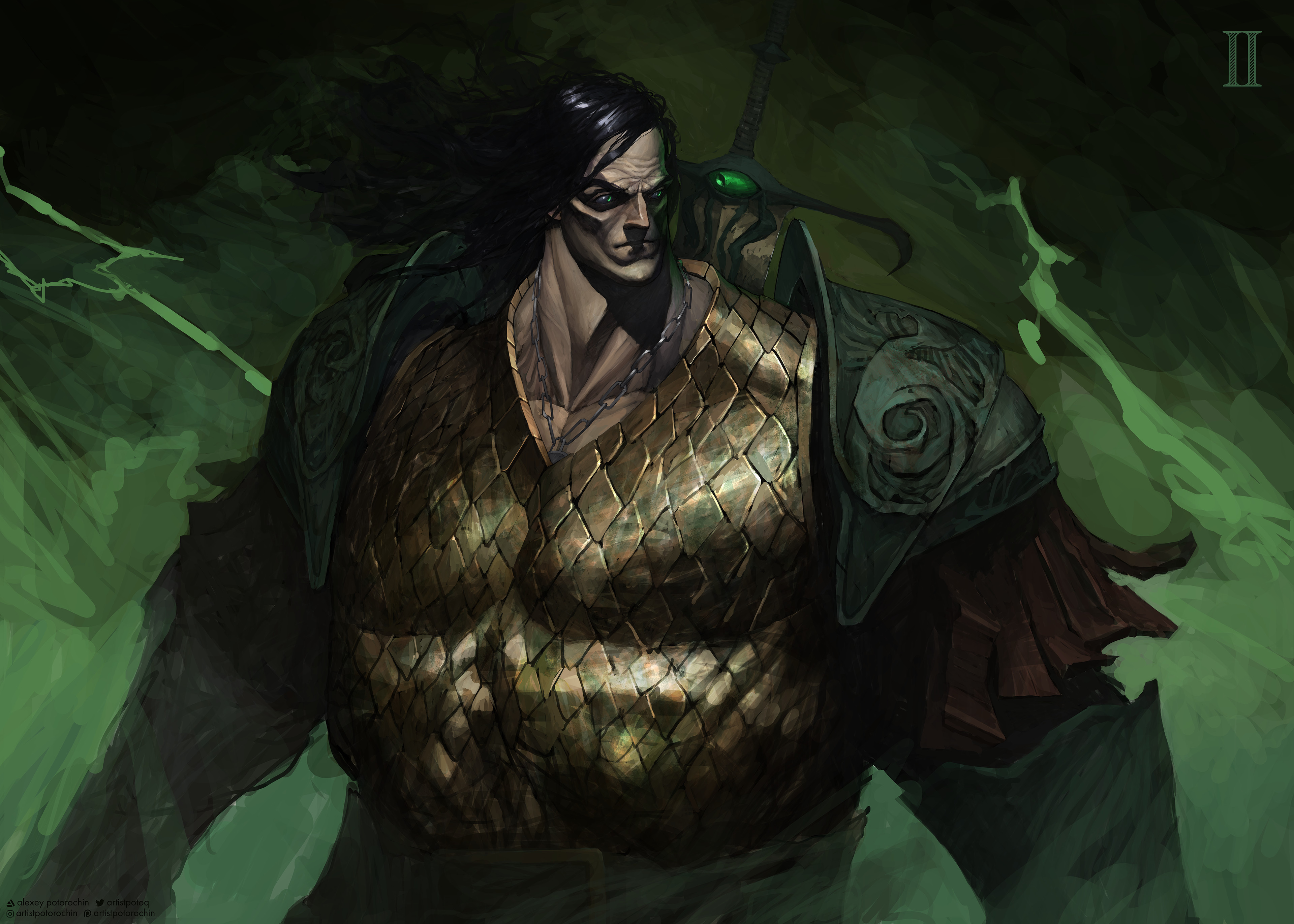 potoq, warhammer 40k, absurdres, commentary, english commentary, highres, 1boy, armor, artist name, artstation logo, artstation username, black hair, chain, chain around neck, closed mouth, gem, gold armor, green eyes, green gemstone, green theme, instagram logo, instagram username, large pectorals, long hair, long sword, lost primarch, muscular, muscular male, ornate armor, patreon logo, patreon username, pauldrons, pectorals, power armor, primarch, roman numeral, scale armor, shoulder armor, simple background, solo, sword, sword on back, twitter logo, twitter username, weapon, weapon on back