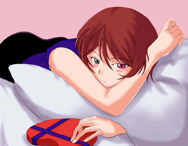 souseiseki, rozen maiden, 00s, aged up, brown hair, casual, heterochromia, lying, pillow, short hair, solo