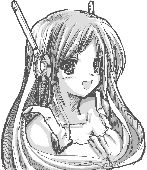 gizensha, curly brace, doukutsu monogatari, 1girl, :d, female focus, greyscale, monochrome, open mouth, robot ears, simple background, smile, solo
