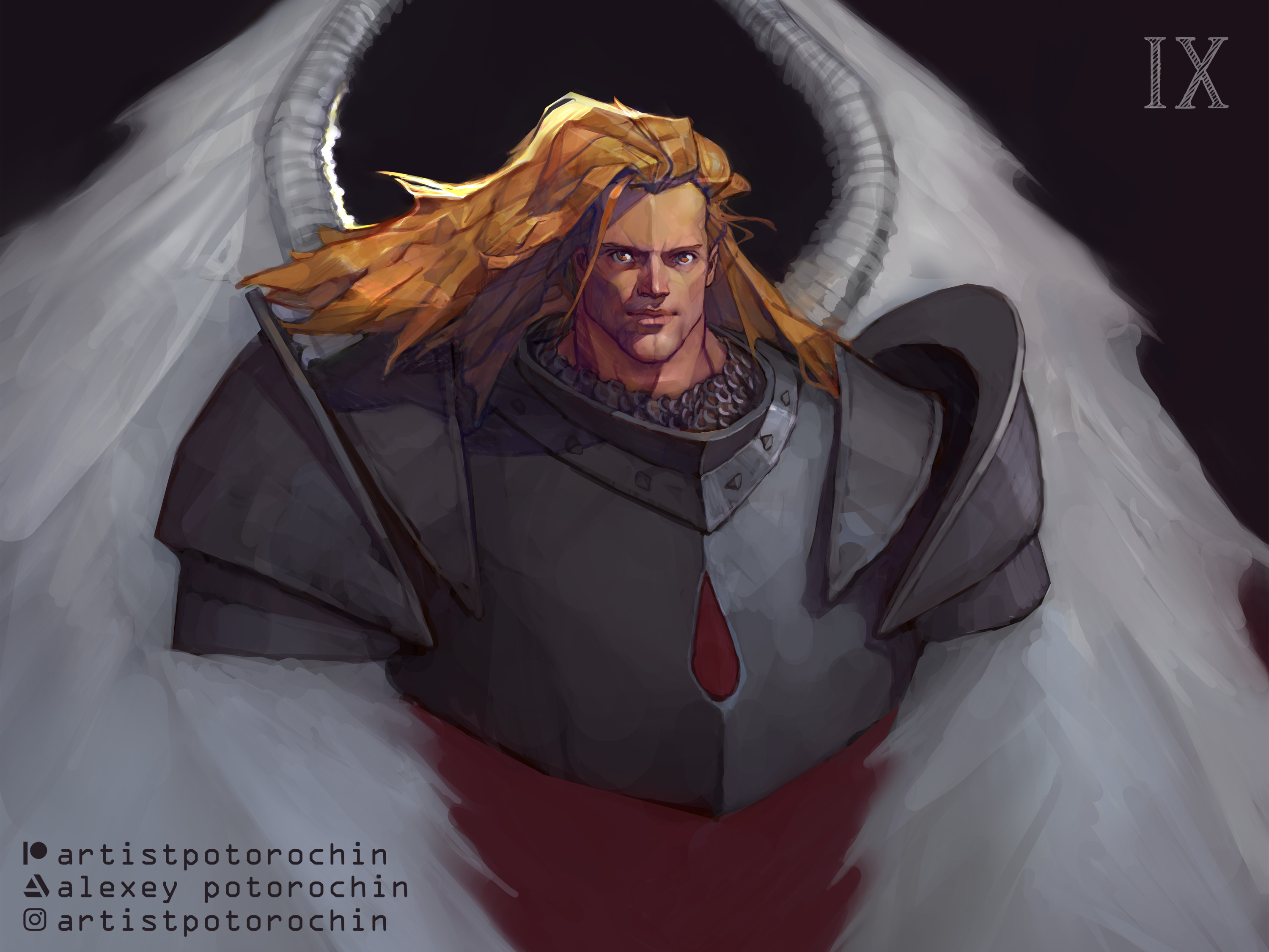 potoq, blood angels, sanguinius, warhammer 40k, commentary, english commentary, highres, 1boy, angel wings, armor, artist name, artstation logo, artstation username, blonde hair, breastplate, brown eyes, chainmail, closed mouth, feathered wings, grey armor, instagram logo, instagram username, light smile, long hair, looking at viewer, patreon logo, patreon username, pauldrons, power armor, primarch, roman numeral, shoulder armor, simple background, smile, solo, white wings, wings