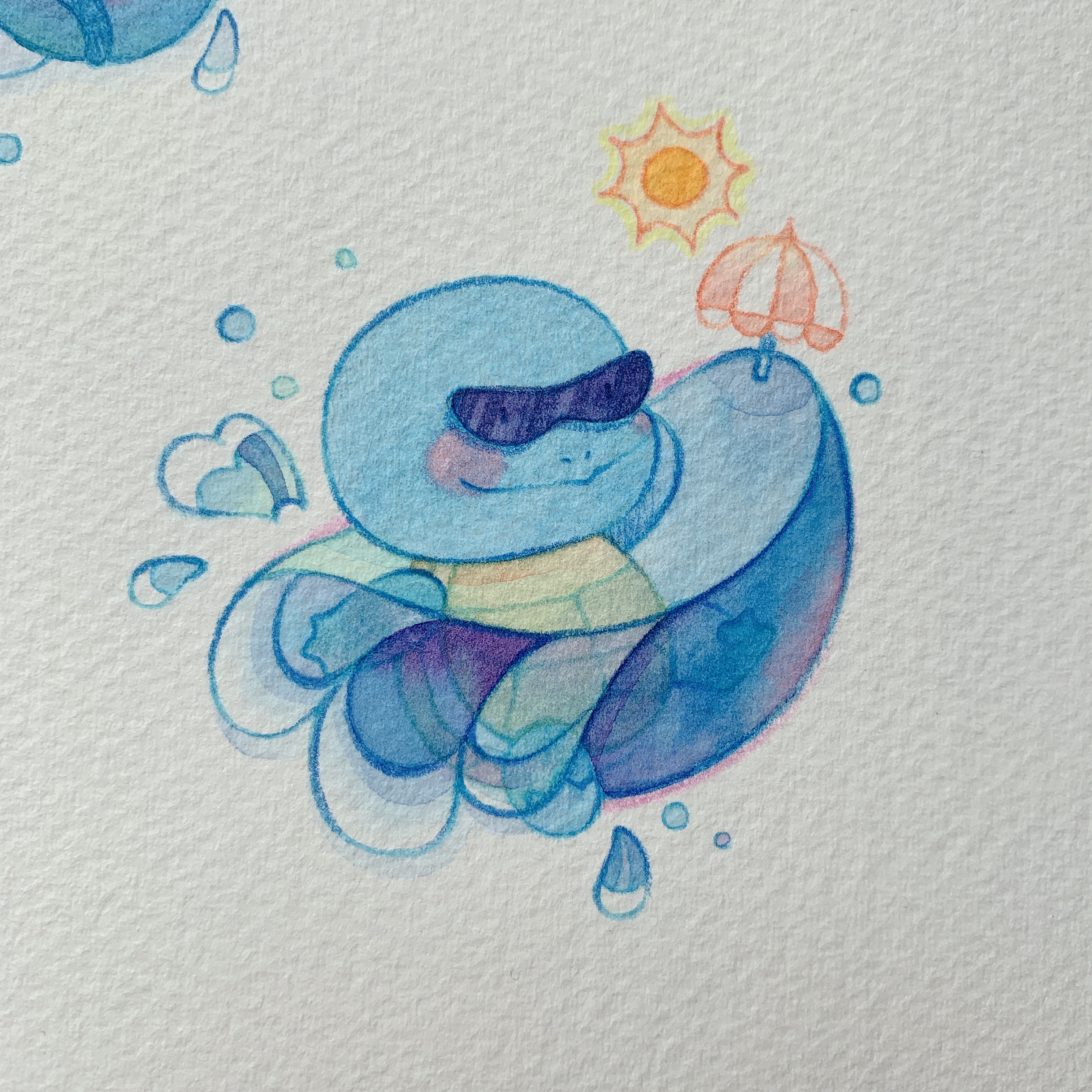 kox hsl, squirtle, nintendo, pokemon, absurdres, commentary, highres, painting (medium), photo (medium), traditional media, watercolor (medium), animal focus, blush, full body, gen 1 pokemon, no humans, nostrils, paper texture, pokemon (creature), smile, solo, sun, sunglasses, tinted eyewear, umbrella, water drop, waves