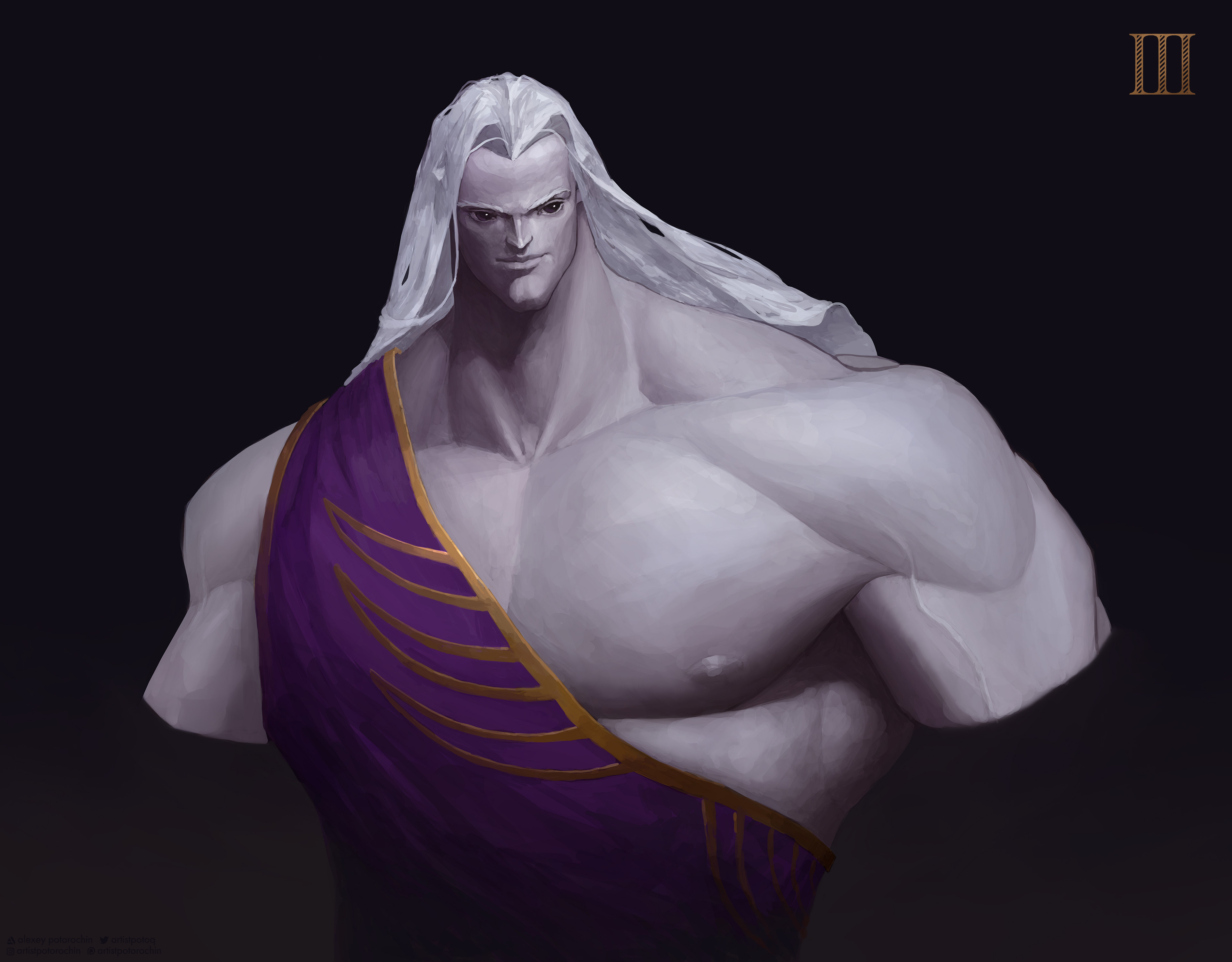 potoq, fulgrim, warhammer 40k, absurdres, commentary, english commentary, highres, 1boy, artist name, artstation logo, artstation username, black eyes, closed mouth, emperor's children, gold trim, instagram logo, instagram username, light smile, long hair, muscular, muscular male, nipples, pale skin, patreon logo, patreon username, pectorals, primarch, purple robe, robe, roman numeral, simple background, smile, solo, twitter logo, twitter username, white hair