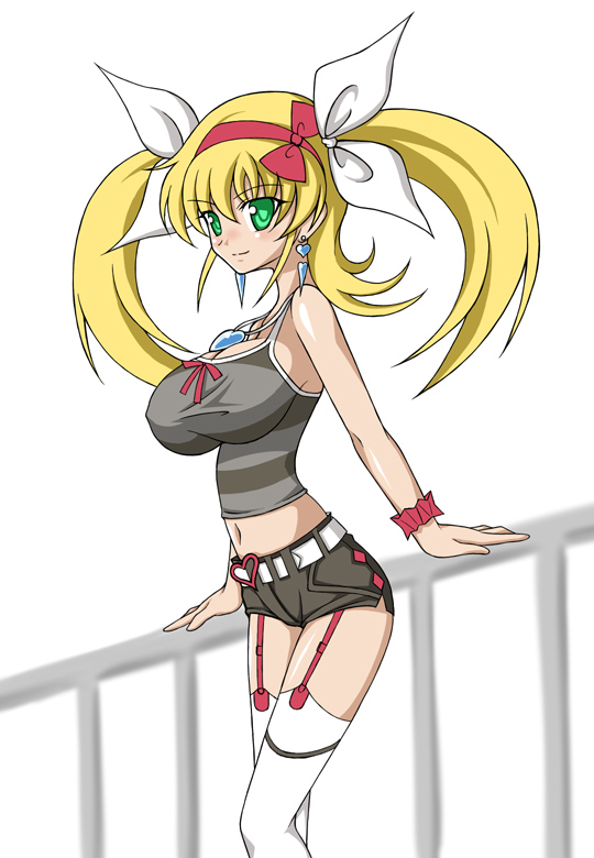 miyata gakuman, shishidou nami, sora wo kakeru shoujo, 00s, 1girl, bare shoulders, blonde hair, breasts, cleavage, covered erect nipples, earrings, female focus, garter straps, green eyes, huge breasts, impossible clothes, impossible shirt, jewelry, long hair, looking at viewer, midriff, navel, necklace, nipples, ribbon, shirt, short shorts, shorts, simple background, smile, solo, standing, thighhighs, twintails, white background