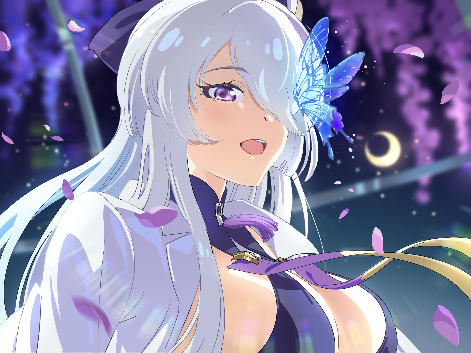 jujumaho (nanigaxila), unzen (azur lane), azur lane, commentary request, highres, 1girl, blue butterfly, blurry, blurry background, breasts, bug, butterfly, butterfly over eye, cleavage, falling petals, hair over one eye, insect, large breasts, long hair, looking at viewer, open mouth, petals, pink petals, purple streaks, solo, teeth, upper body, upper teeth only, white hair