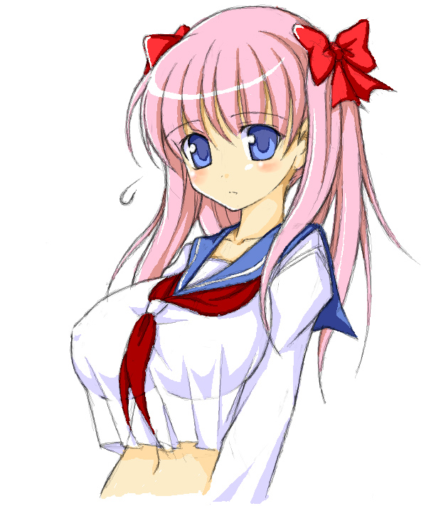 miyata gakuman, haramura nodoka, saki (manga), 00s, 1girl, blue eyes, blush, bow, breasts, covered erect nipples, female focus, hair bow, huge breasts, long hair, looking at viewer, midriff, navel, nipples, pink hair, ribbon, school uniform, serafuku, simple background, solo, twintails, upper body, white background
